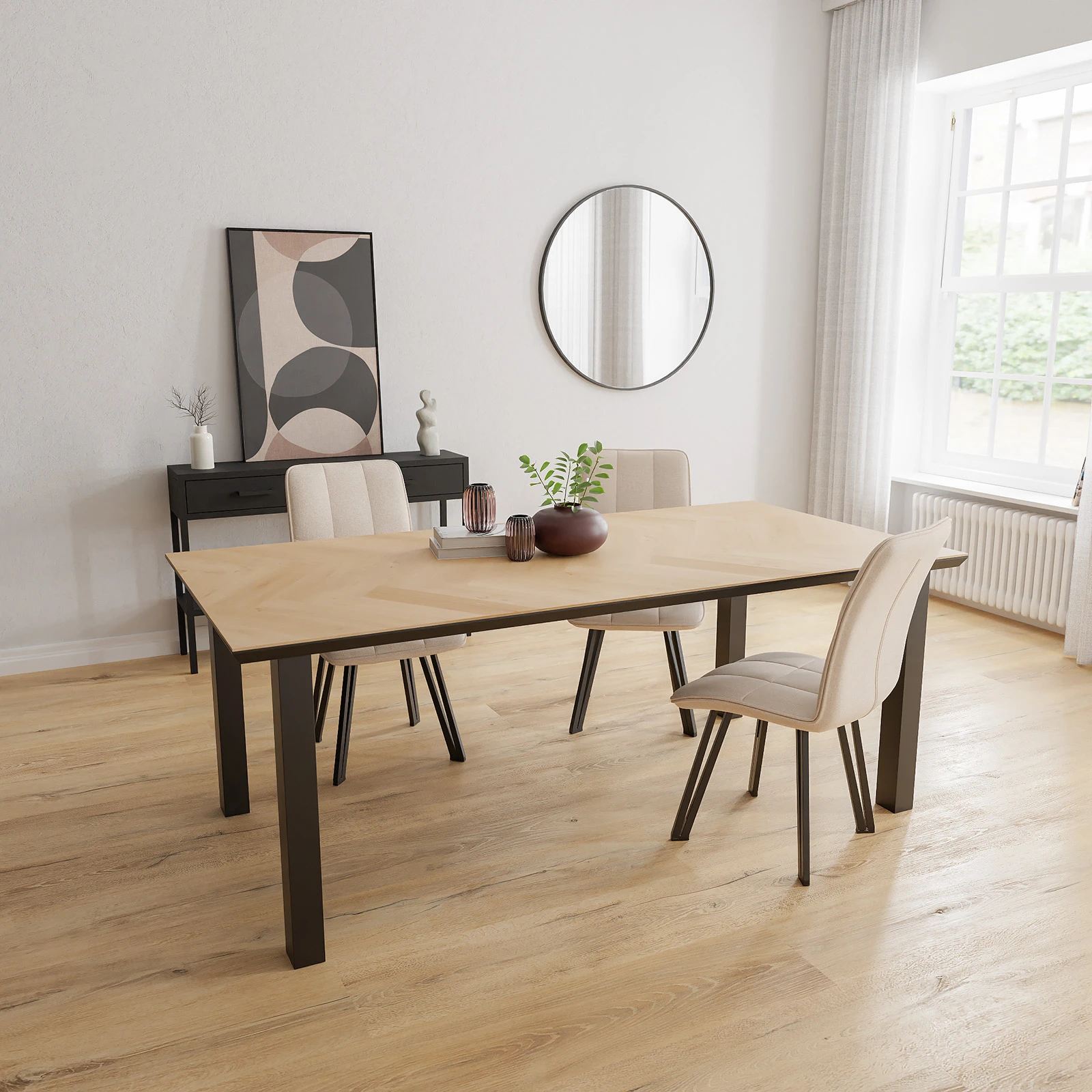 Eettafel Rechte Poten (90cm) - Rechthoek Eiken Visgraat Nature White (200x100cm)