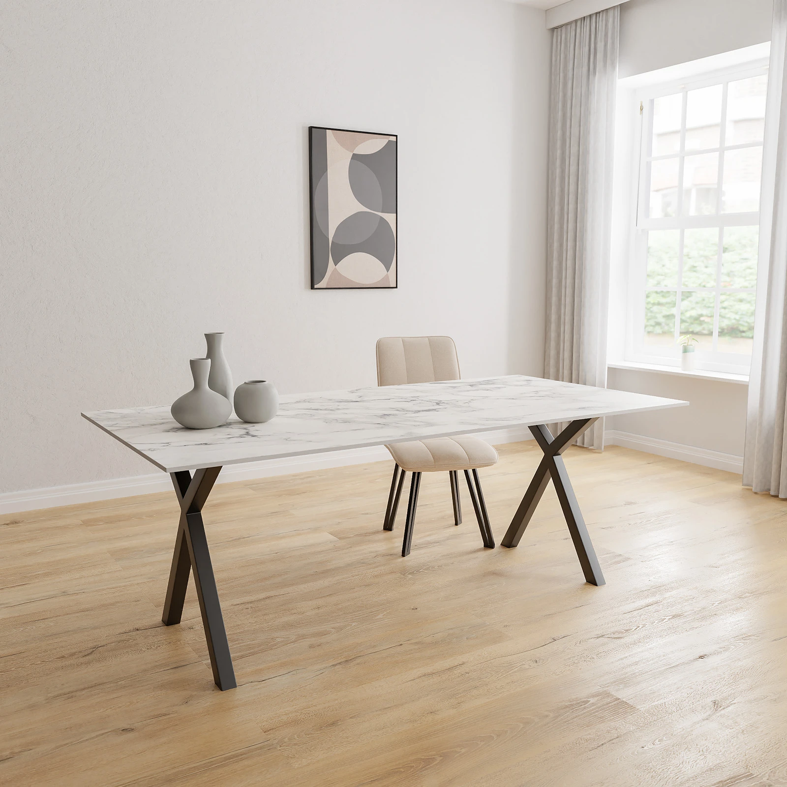 Eettafel X poot - Rechthoek Keramiek Calacatta Extra Satin (200x100cm)