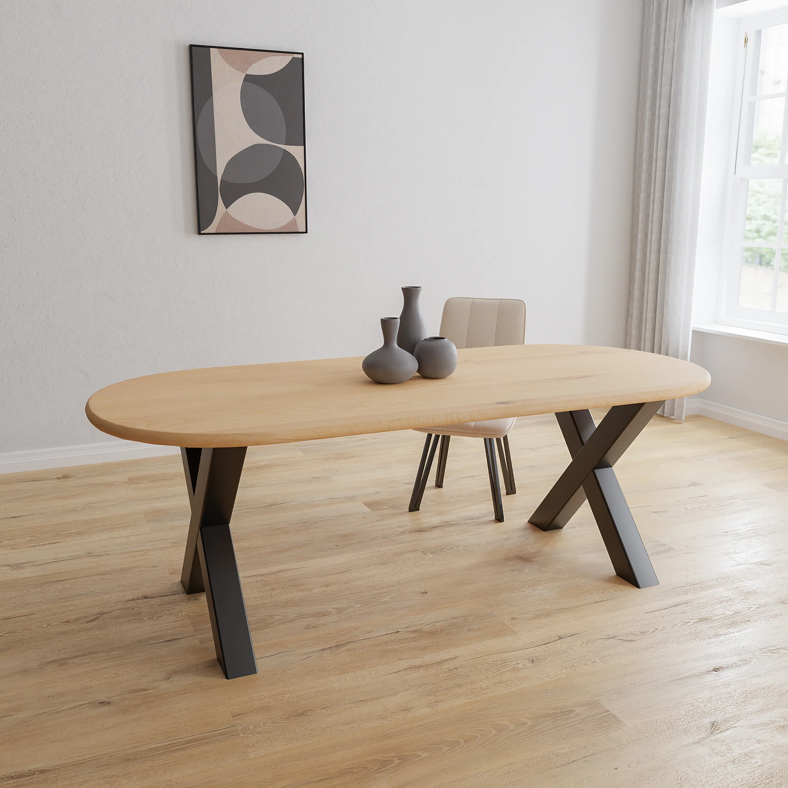 Eettafel X poot (10x10cm) - Halve Cirkel Eiken Nature White (220x100cm)