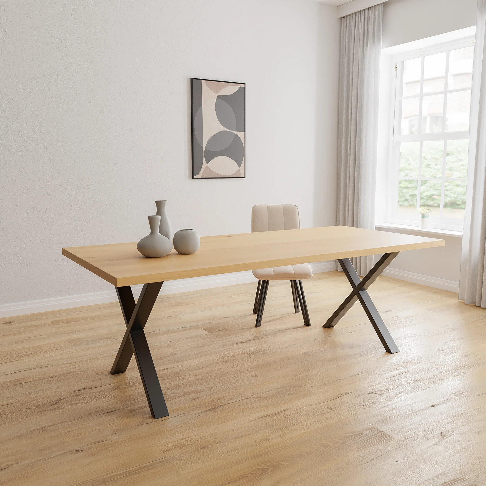 Eettafel X poot (8x4cm) - Rechthoek Eiken Nature White (220x100cm)