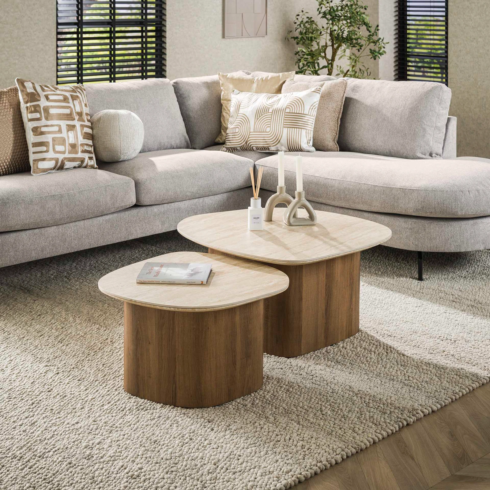 Salontafel Romano - kiezel - set van 2 - Keramiek Travertin