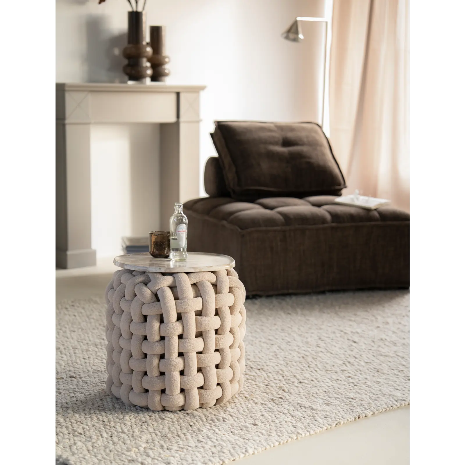 Poef Poofie - rond Ø44 cm - Grof Gebreid - Beige