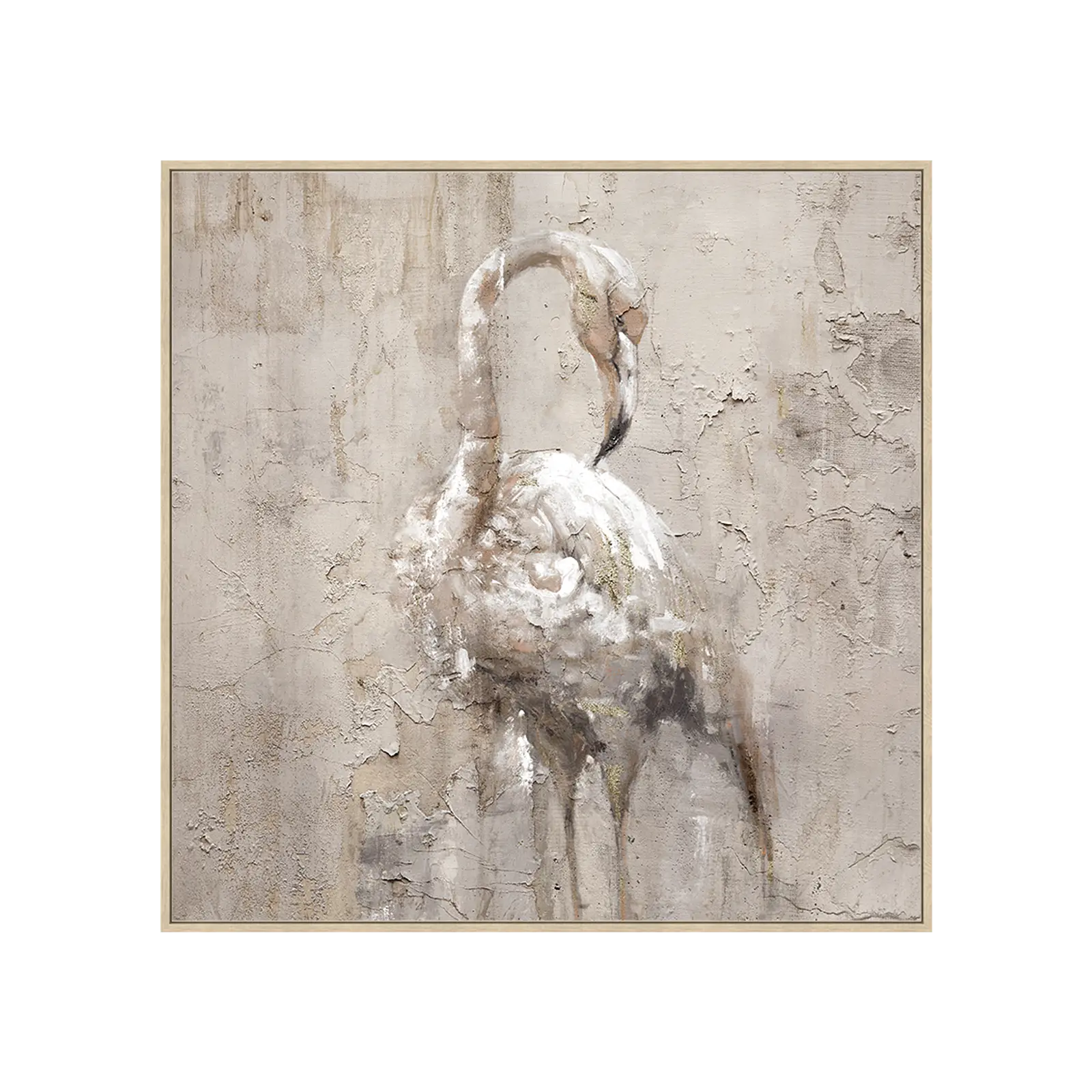 Schilderij Flamingo A - 80x80 cm - Zand / Naturel / Goud