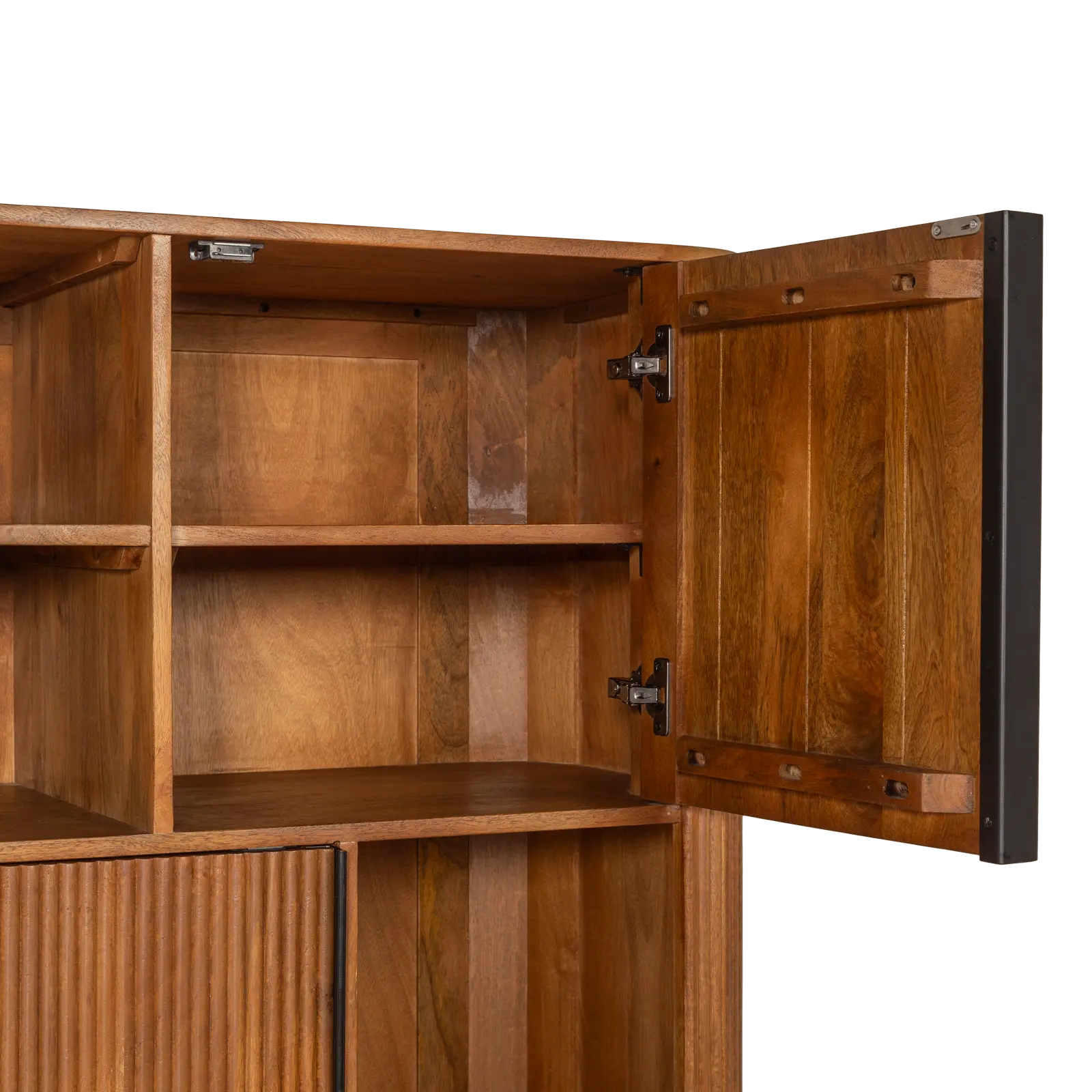 Wandkast Amare - 200 cm - Mangohout Lichtbruin - 3 deuren, 2 laden, 5 open vakken