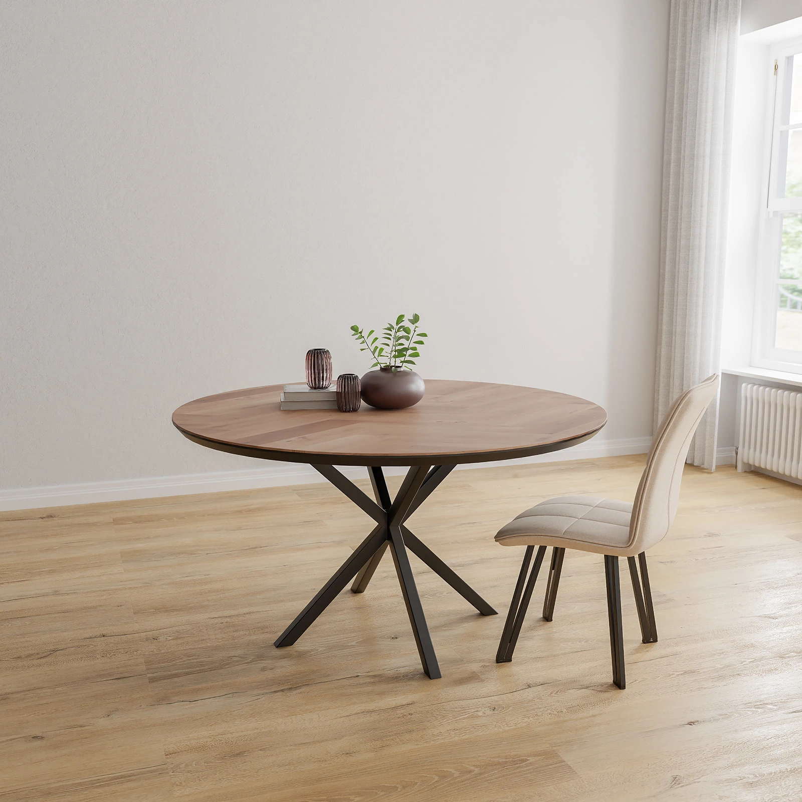 Eettafel North - Rond Eiken Visgraat Kiezel (140cm)