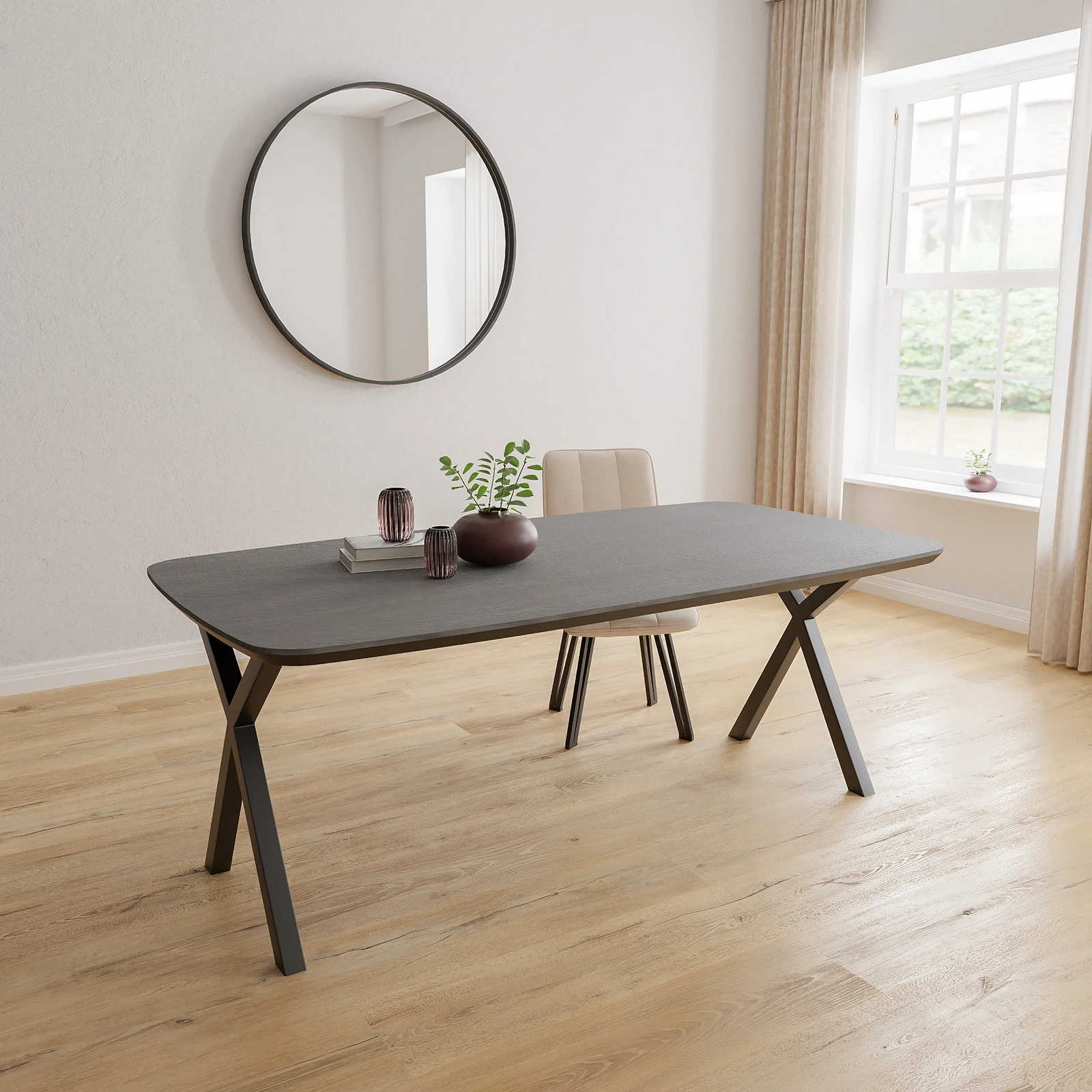 Eettafel X poot - Deens Ovaal HPL Houtlook zwart (200x105cm)
