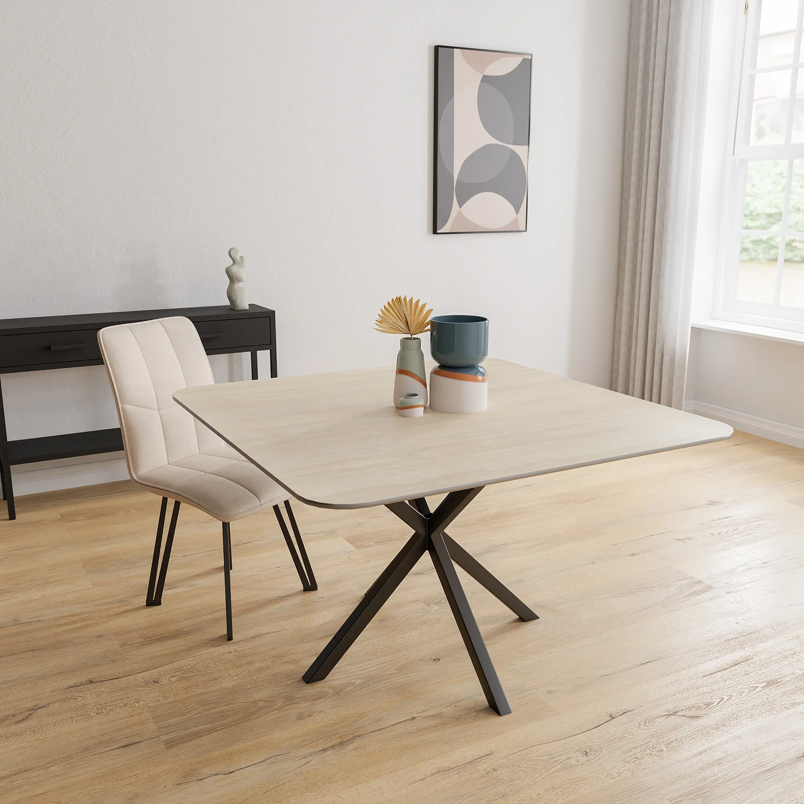 Eettafel North - Vierkant afgeronde hoek Keramiek Travertine Classico Satin (120x120cm)