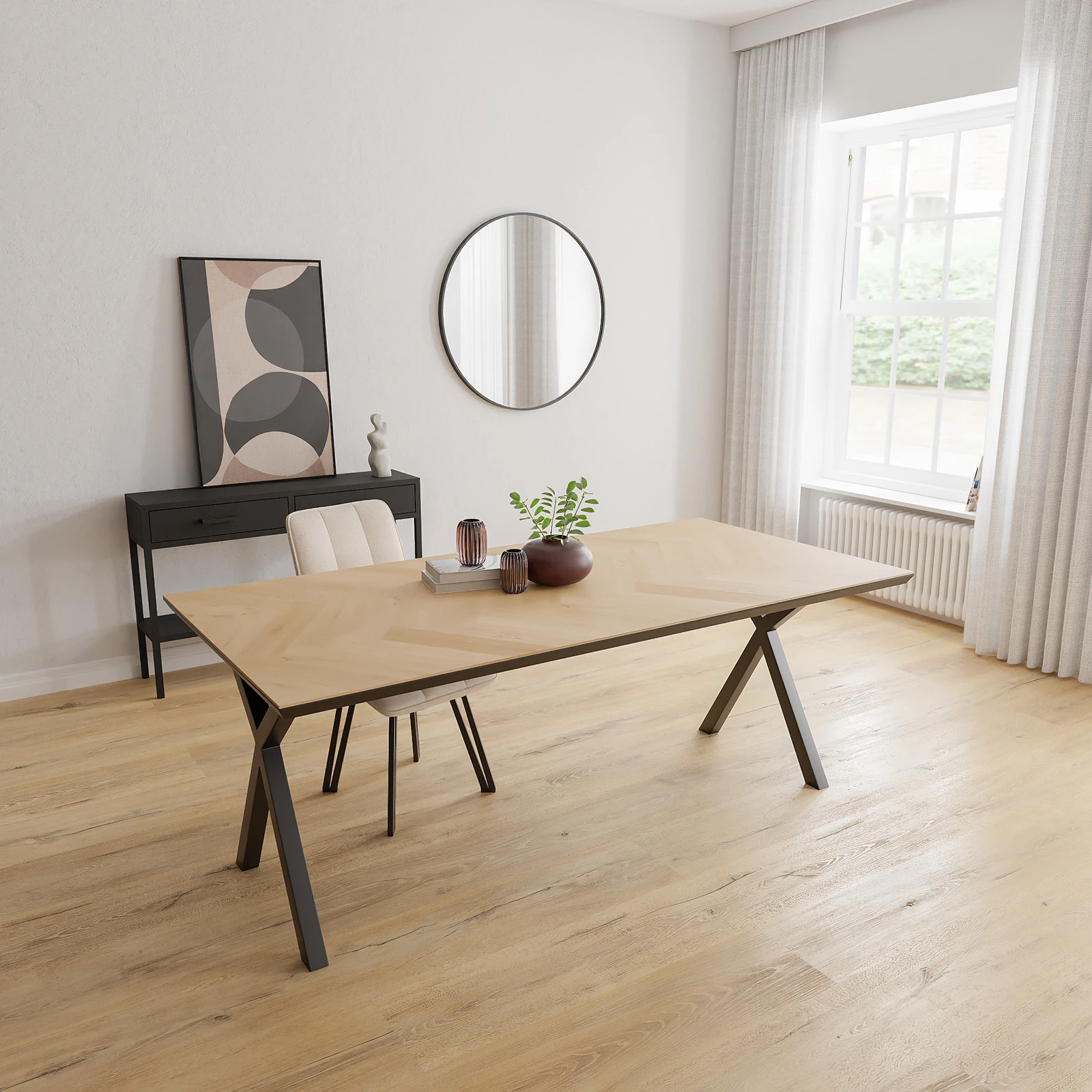 Eettafel X poot - Rechthoek Eiken Visgraat Nature White (200x100cm)
