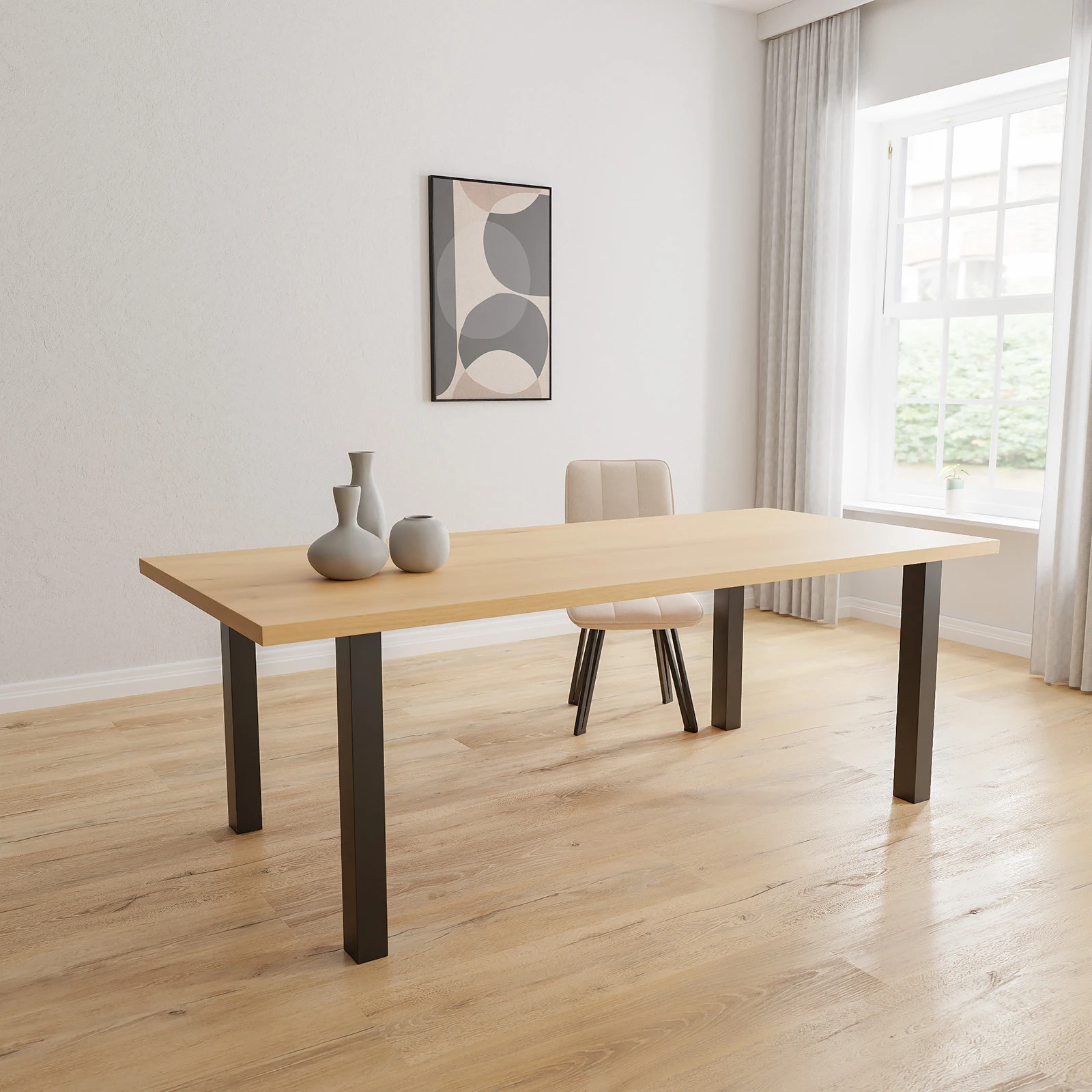Eettafel Rechte Poot(90cm) - Rechthoek Eiken Nature White (220x100cm)