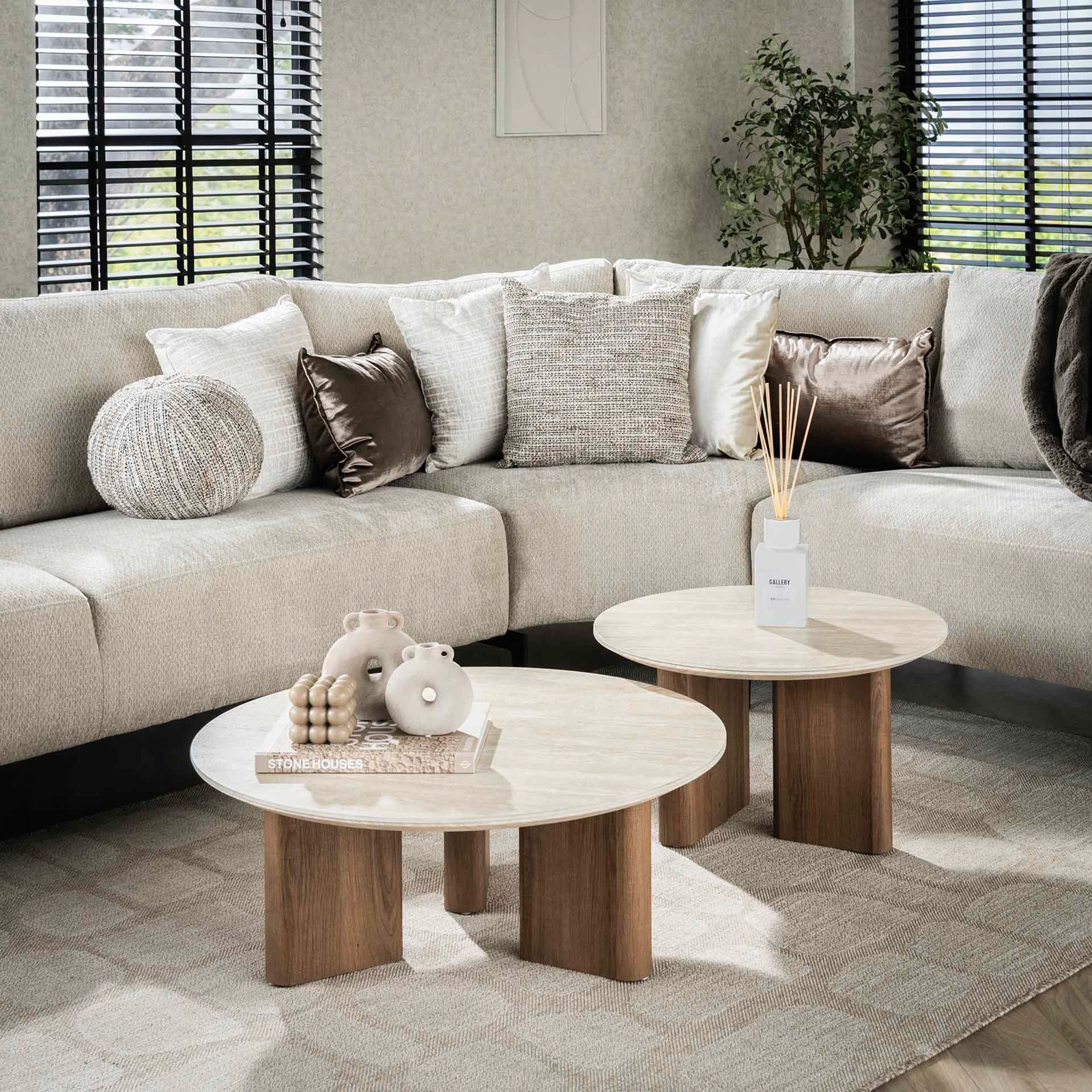 Salontafel Romano - rond - set van 2 - Keramiek Travertin