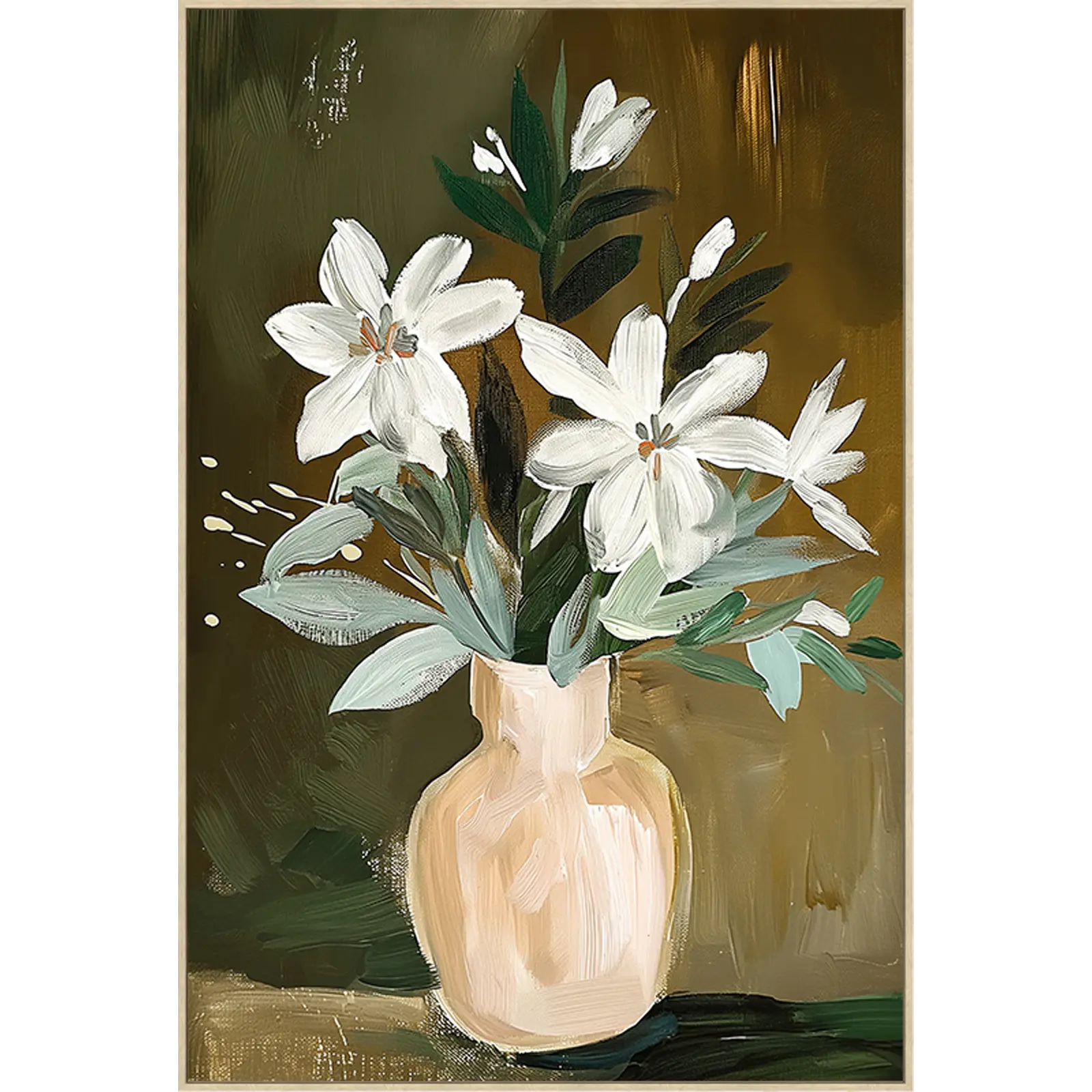 Schilderij Vaas met bloemen - 80x120 cm - Groen / Bruin / Wit