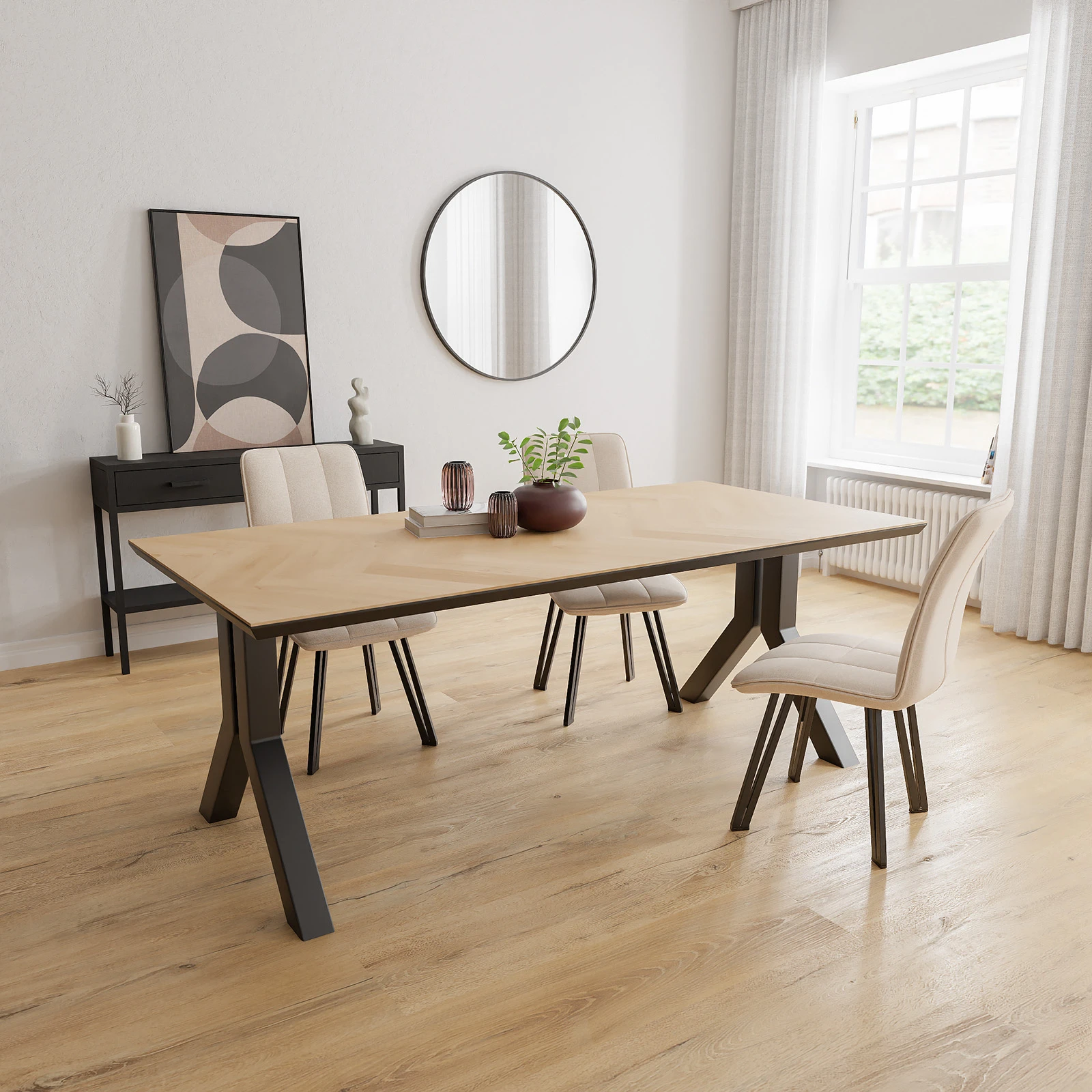 Eettafel Y poot (8x8cm) - Rechthoek Eiken Visgraat Nature White (200x100cm)