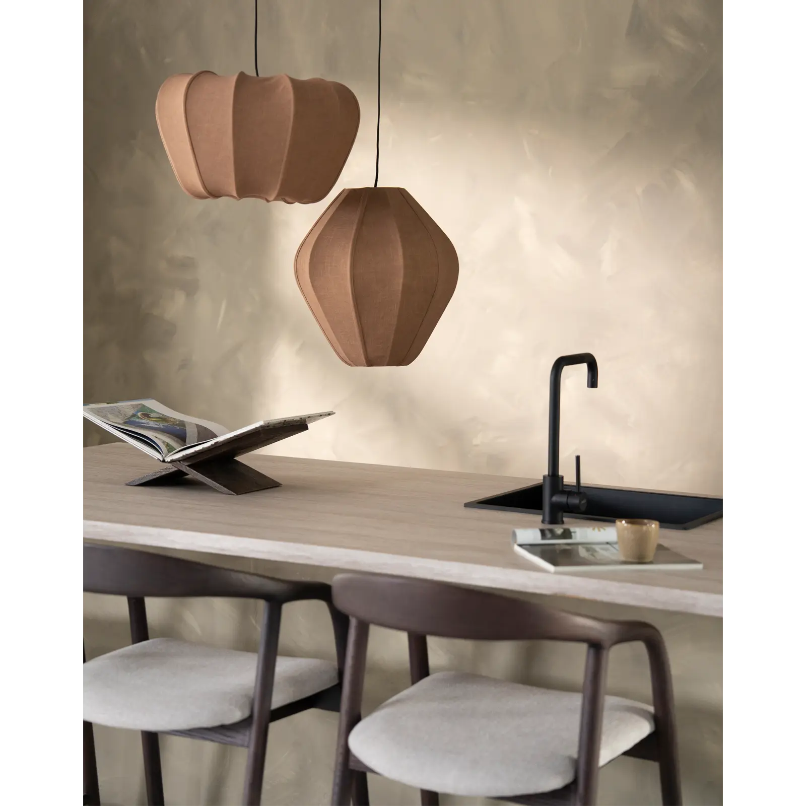 Hanglamp Sora 2 - rond Ø42 cm - stof Linnenlook Bruin
