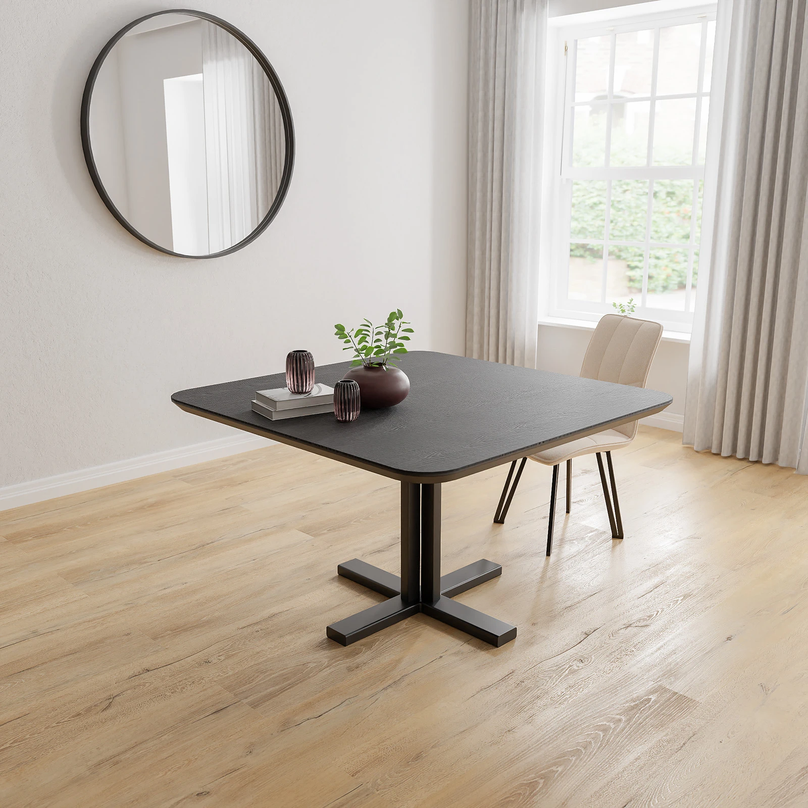 Eettafel Kolos - Vierkant afgeronde hoeken HPL Houtlook Zwart (130x130cm)