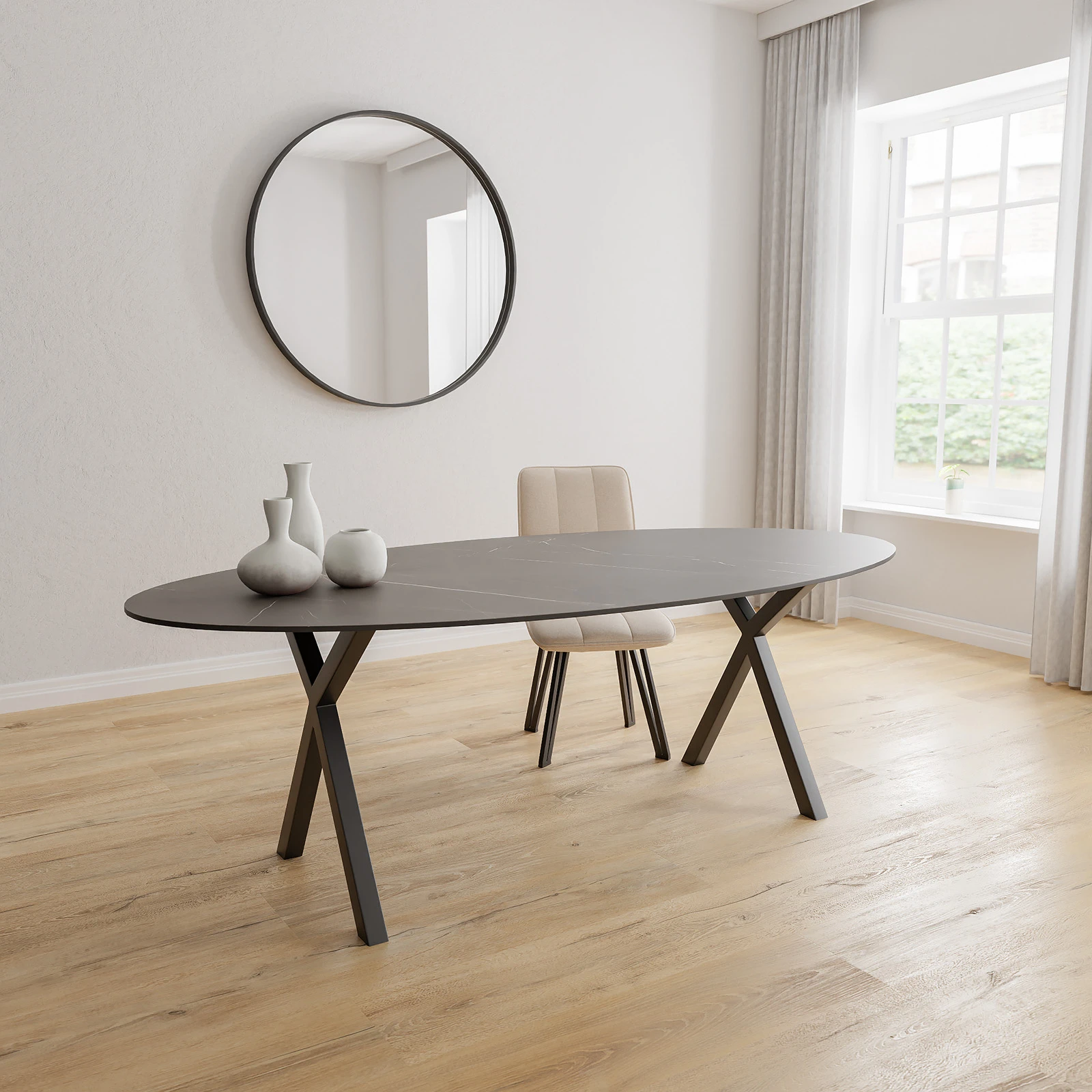 Eettafel X poot - Ovaal Keramiek Imperiale Satin (220x110cm)