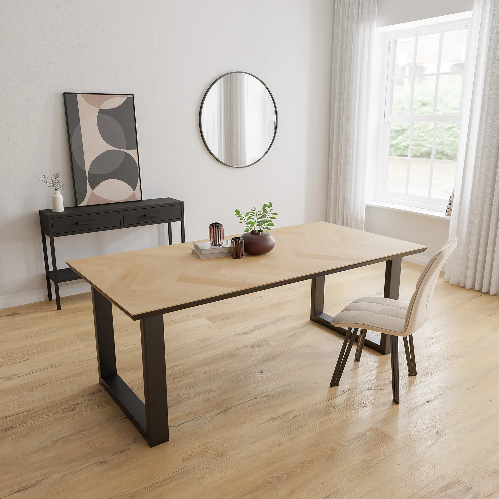 Eettafel U poot (10x5cm) - Rechthoek Eiken Visgraat Nature White (200x100cm)