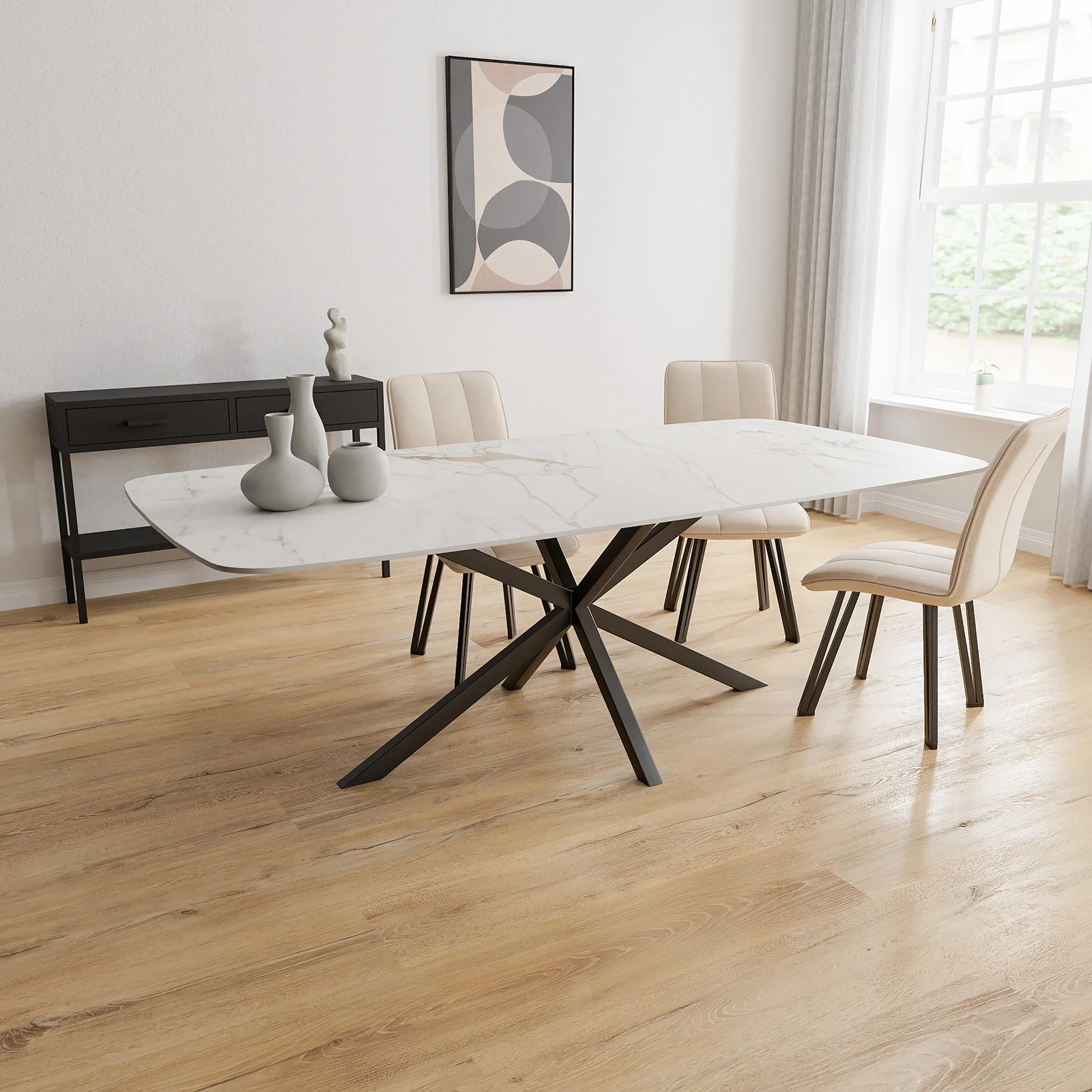 Eettafel North - Deens Ovaal Keramiek Golden White Satin (220x110cm)