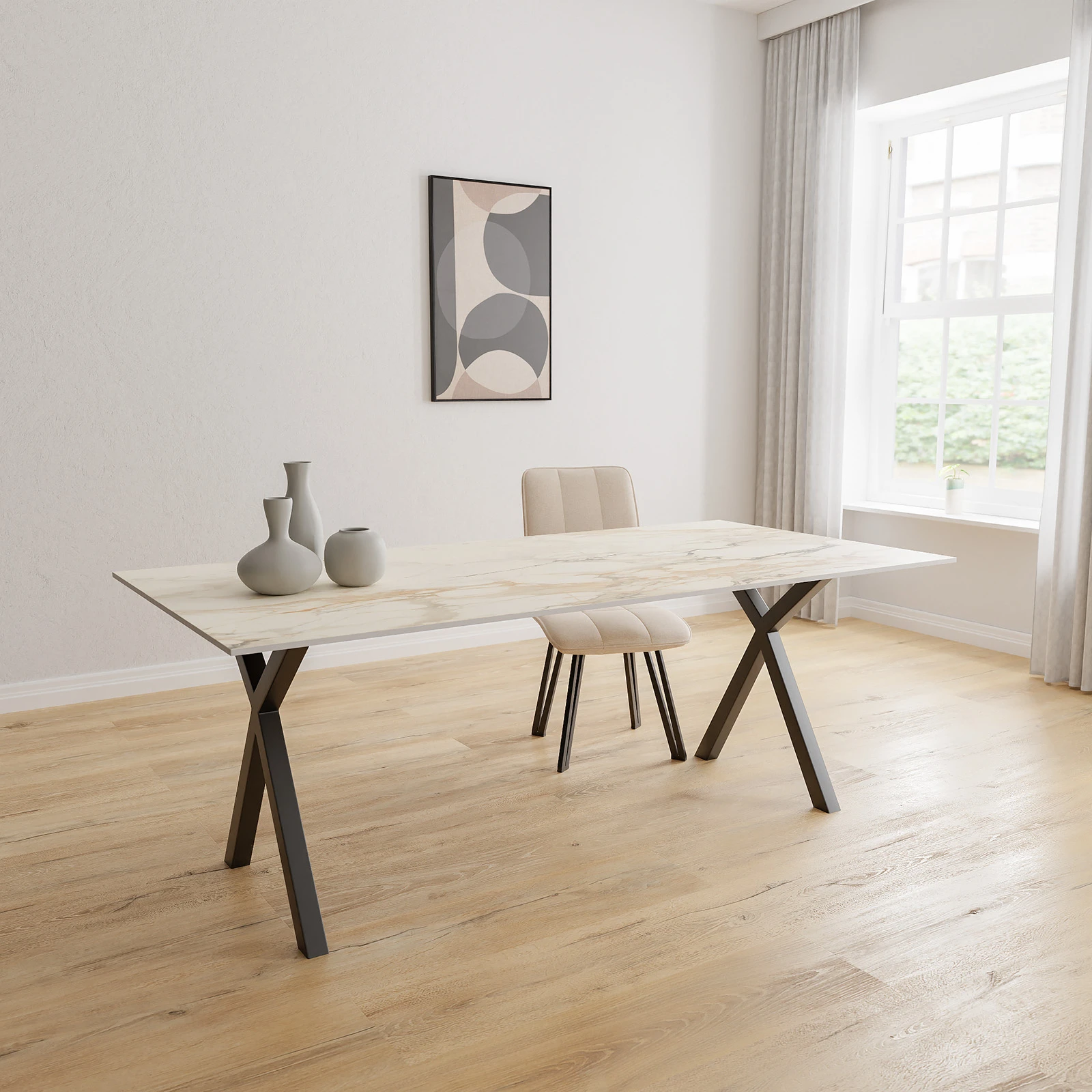 Eettafel X poot - Rechthoek Keramiek Calacatta Vena Vecchia Satin (200x100cm)