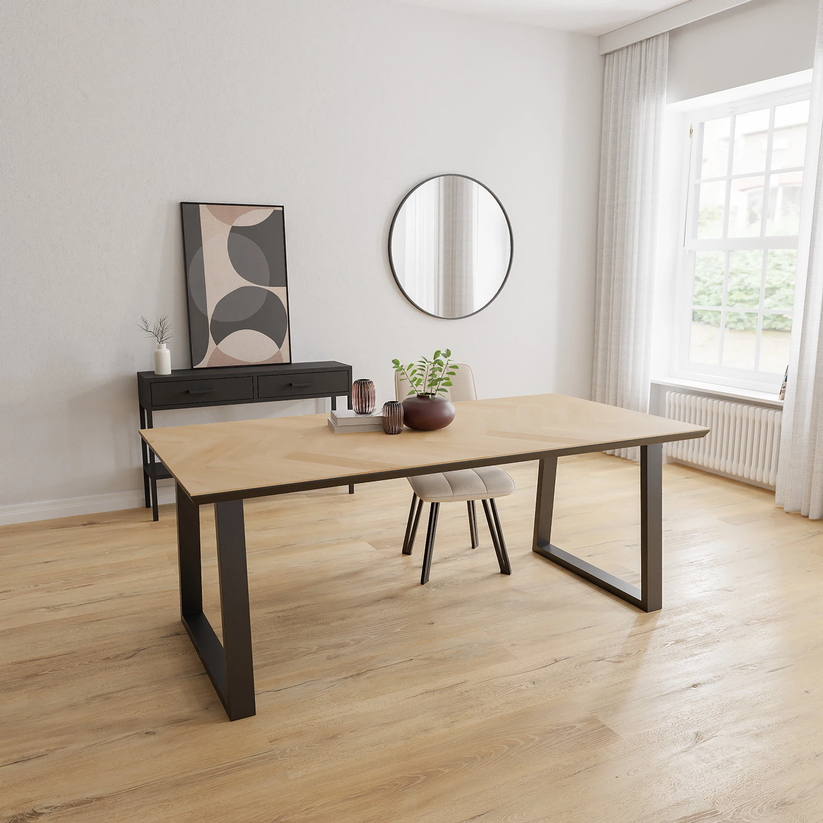 Eettafel U poot (8x4cm) - Rechthoek Eiken Visgraat Nature White (200x100cm)