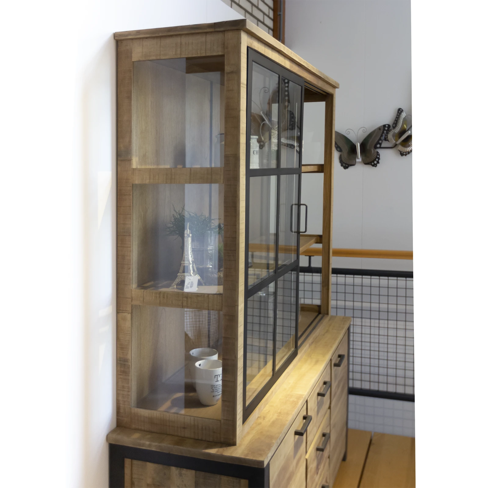 Vitrinekast (schuifdeuren) Steelwood - Seasoned Brown/Metaal Zwart
