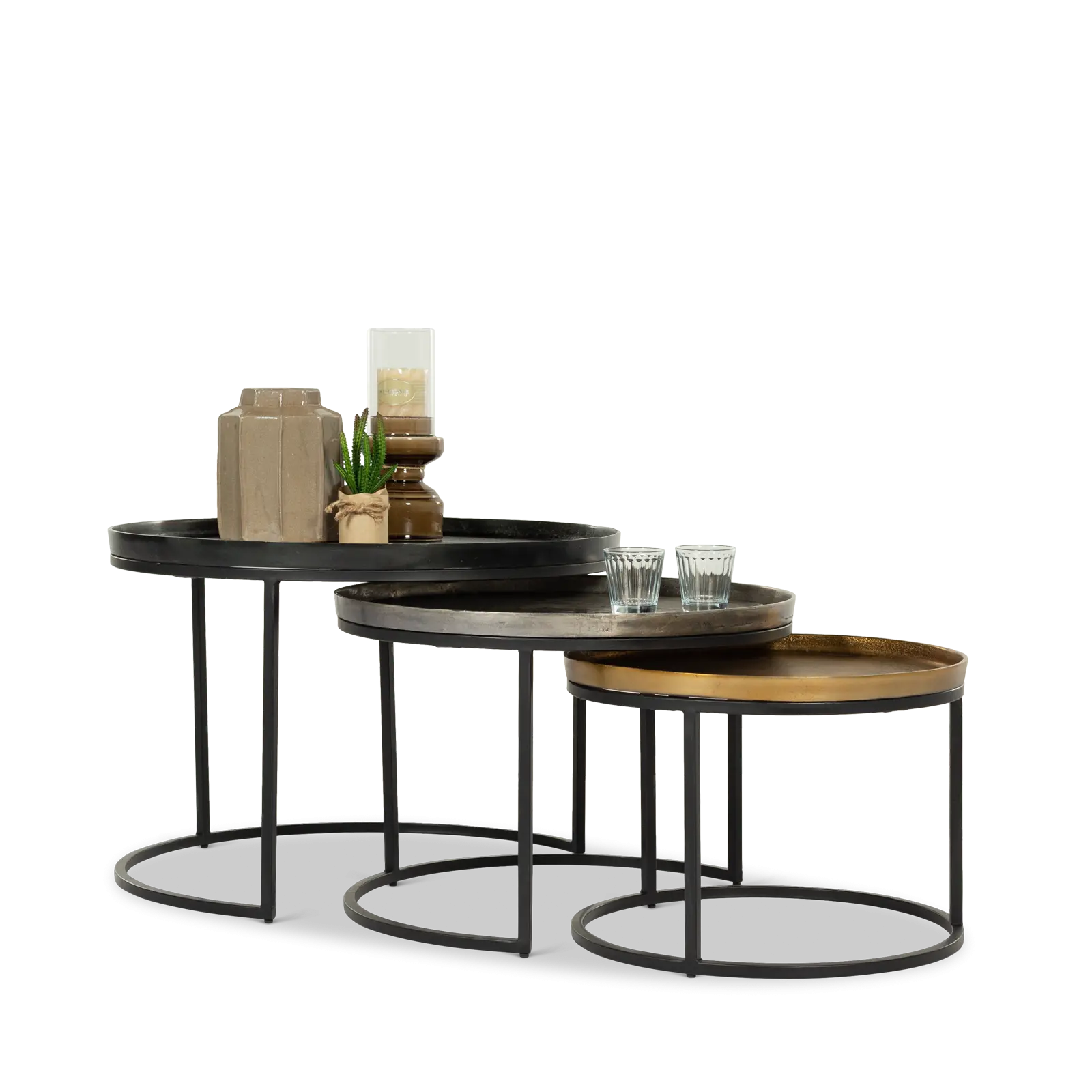 Salontafel set van 3 Zulia - rond 70/60/50 cm - metaal mix  Zwart/Tin/Goud