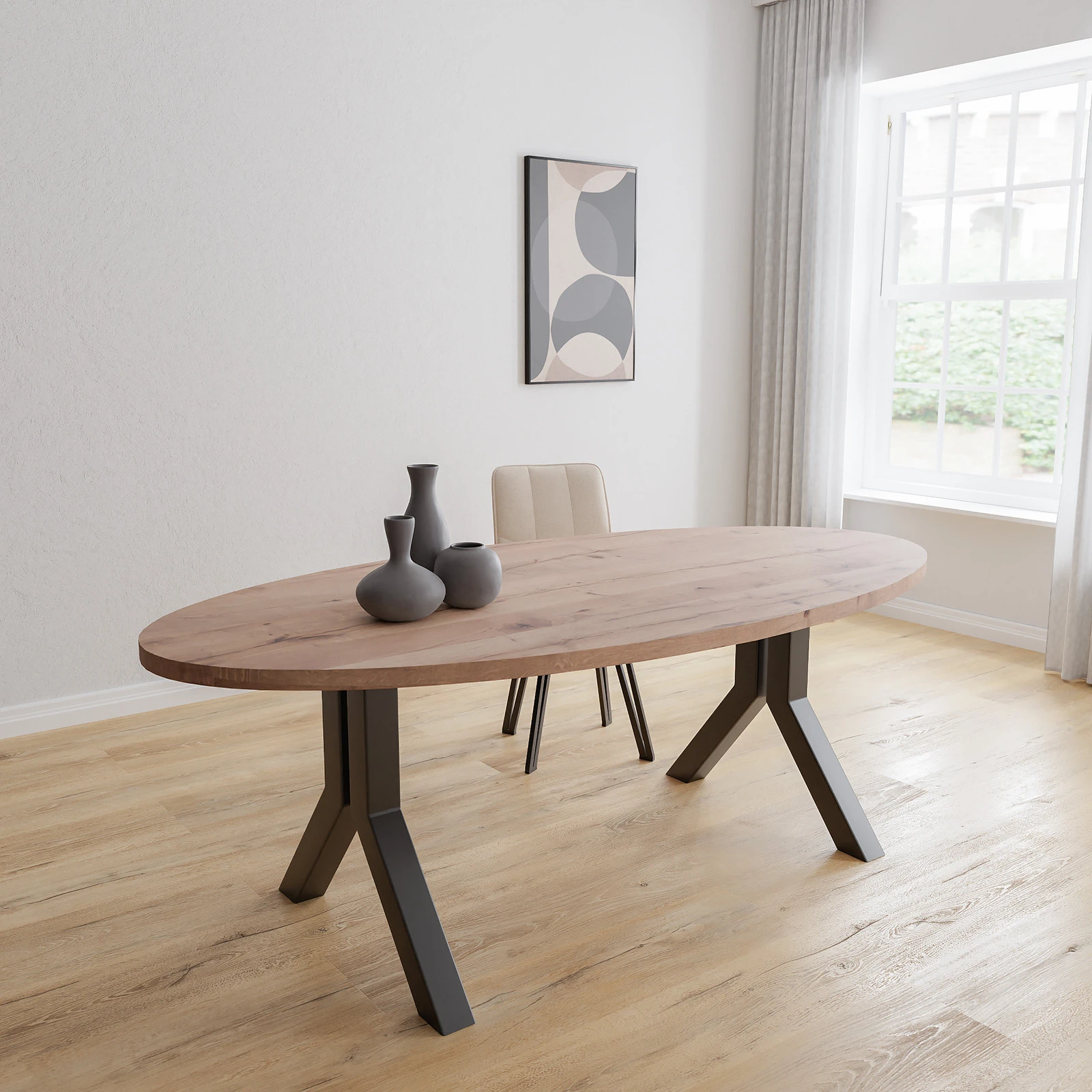 Eettafel Y Poot(8x8cm) - Ovaal Eiken Kiezel (220x110cm)