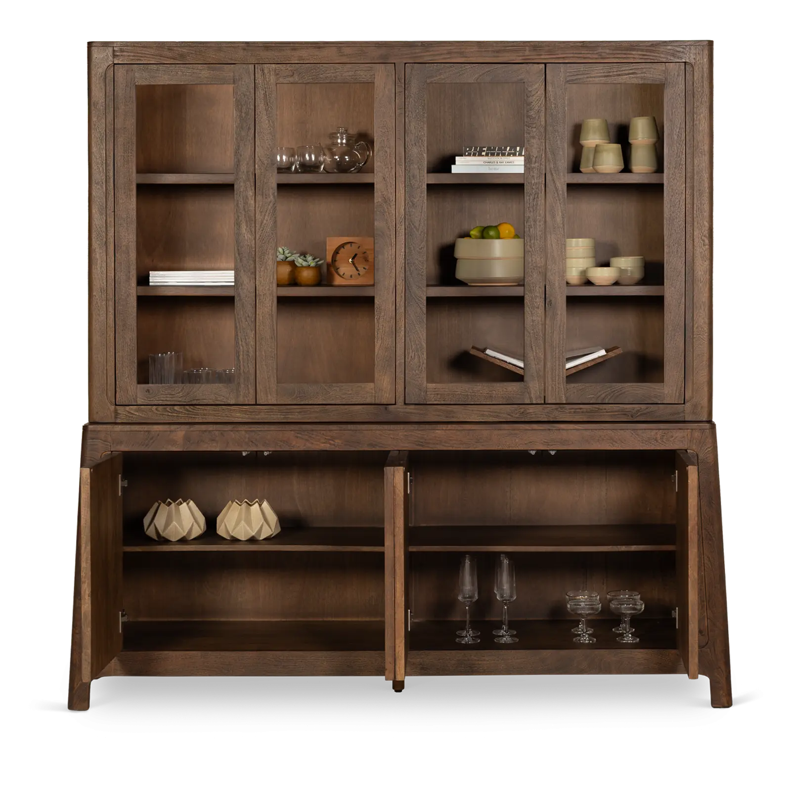 Buffetkast Latara - 200 cm - 8-deurs - Mangohout Cacao Bruin - 4 glasdeuren, 4 dichte deuren