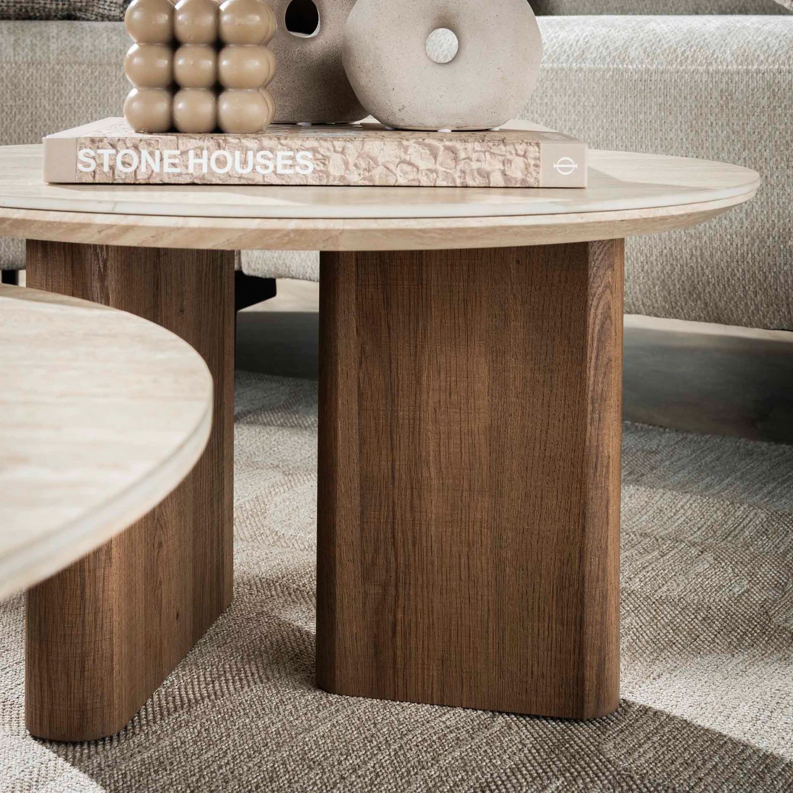 Salontafel Romano - rond - set van 2 - Keramiek Travertin