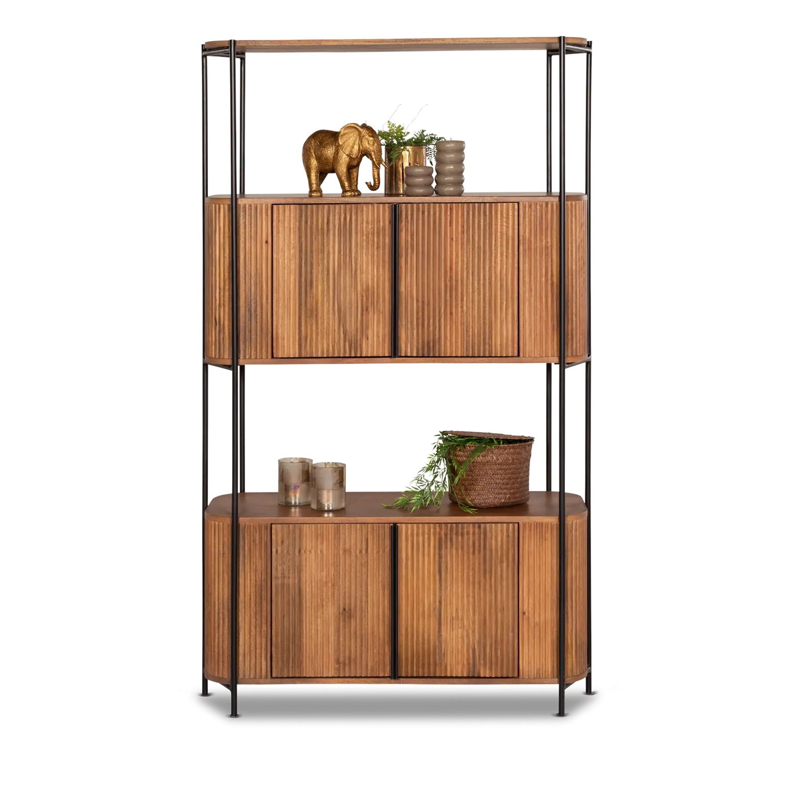 Wandkast Amare - 170 cm - Mangohout Lichtbruin - 4 deuren, 2 open vakken