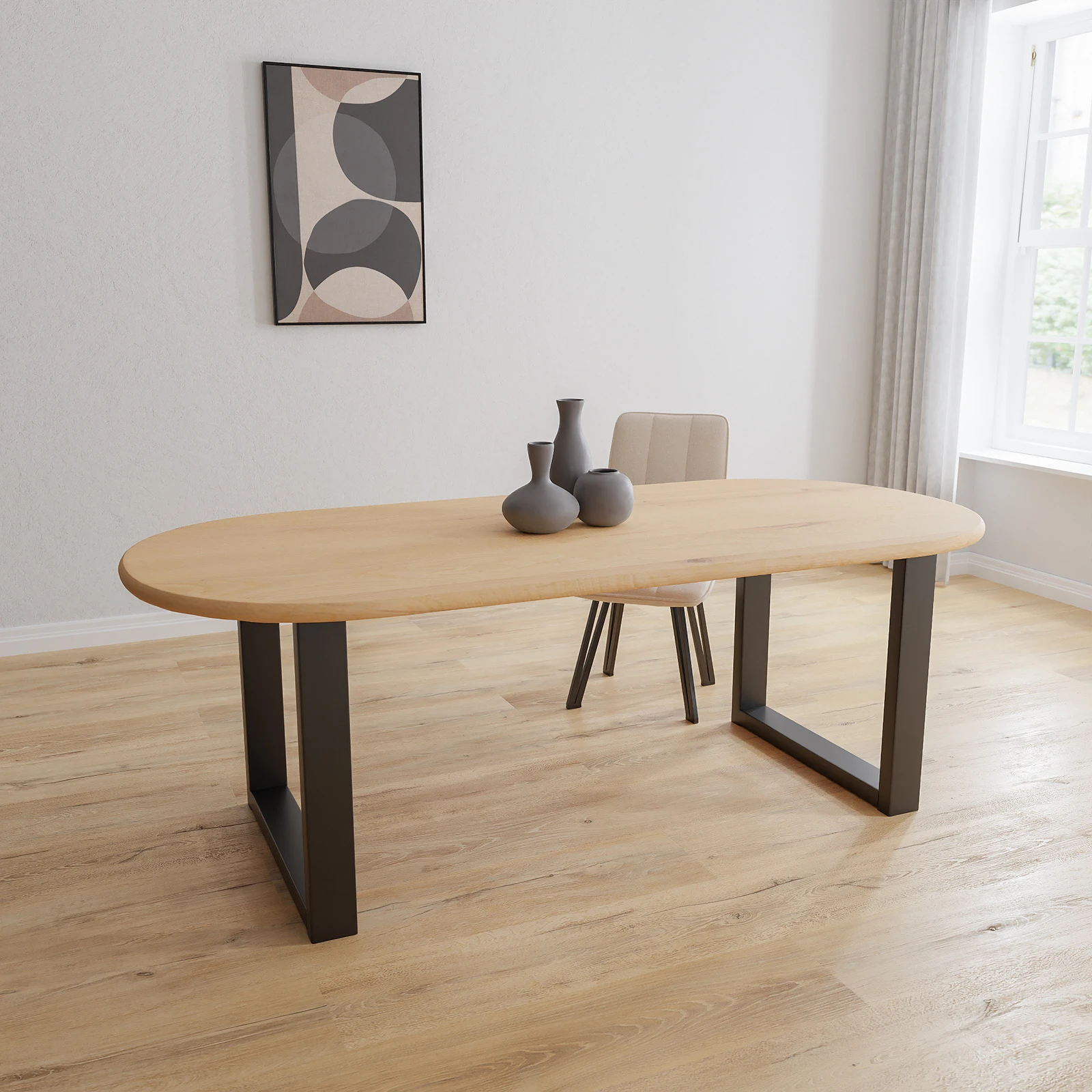 Eettafel U poot (10x5cm) - Halve Cirkel Eiken Nature White (220x100cm)
