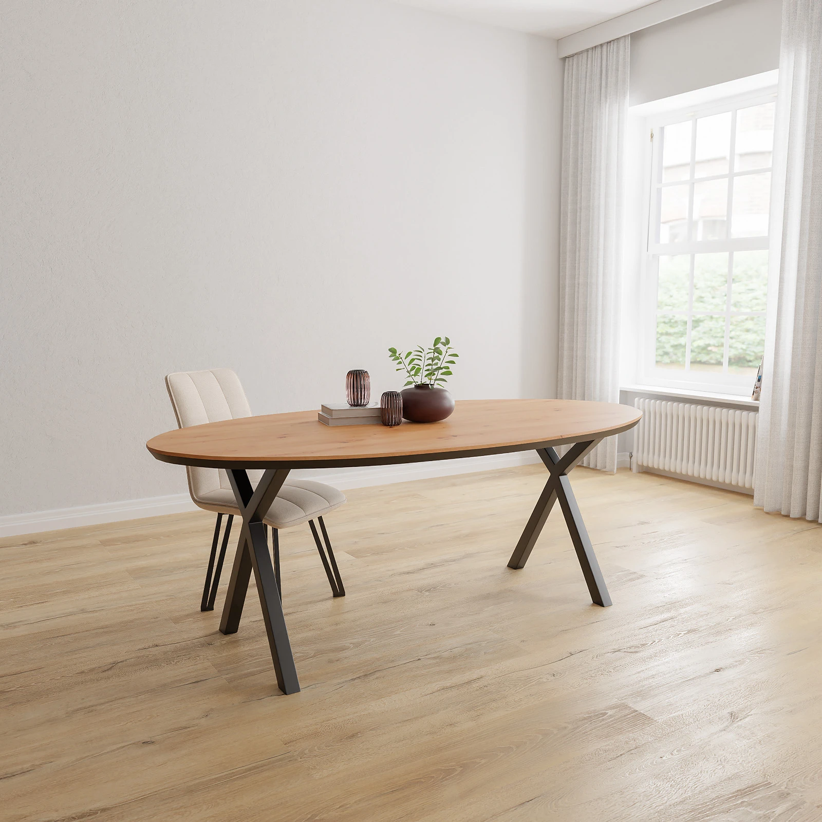 Eettafel X poot (dun) - Ovaal HPL Houtlook Naturel (200x105cm)