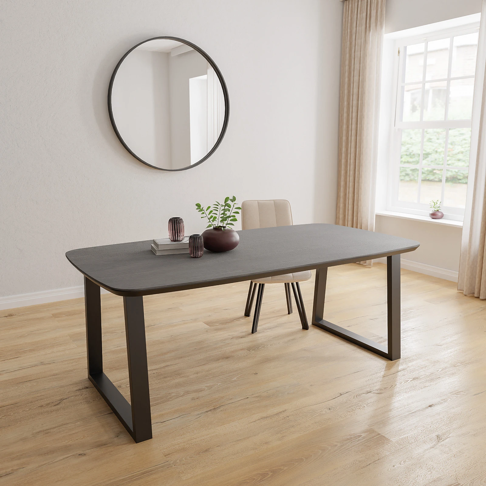Eettafel U poot (8x4cm) - Deens Ovaal HPL Houtlook zwart (200x105cm)