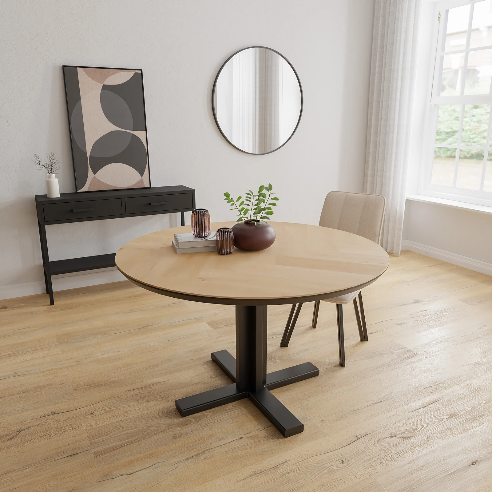 Eettafel Kolos - Rond Eiken Visgraat Nature White (130cm)
