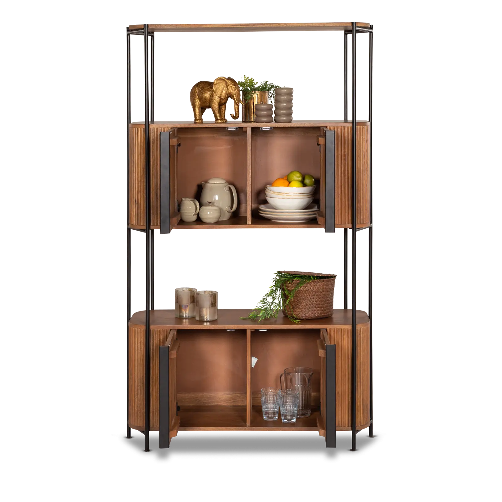 Wandkast Amare - 170 cm - Mangohout Lichtbruin - 4 deuren, 2 open vakken