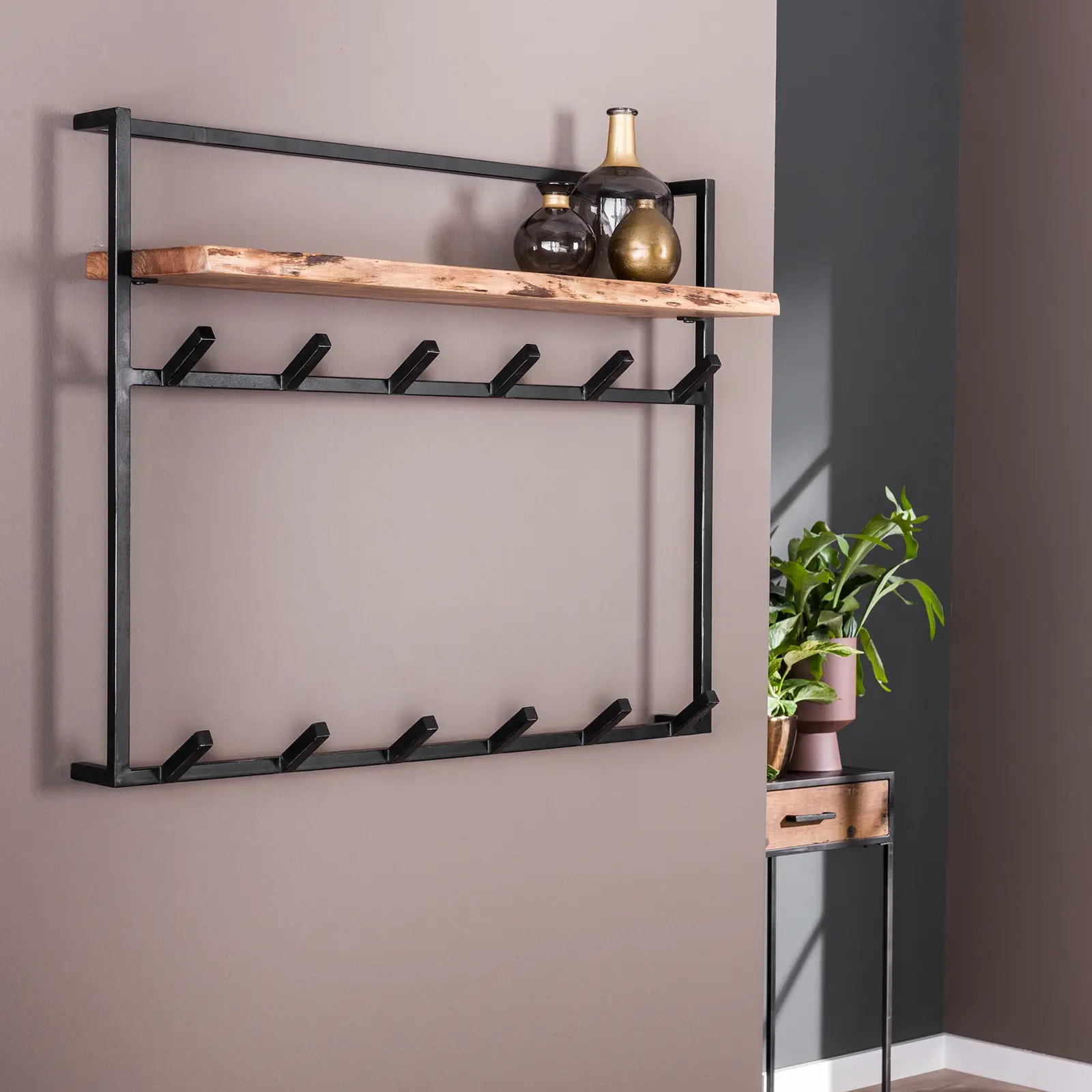 Kapstok Solid - 100 cm - 2x 6 haken - hoedenplank - Acaciahout