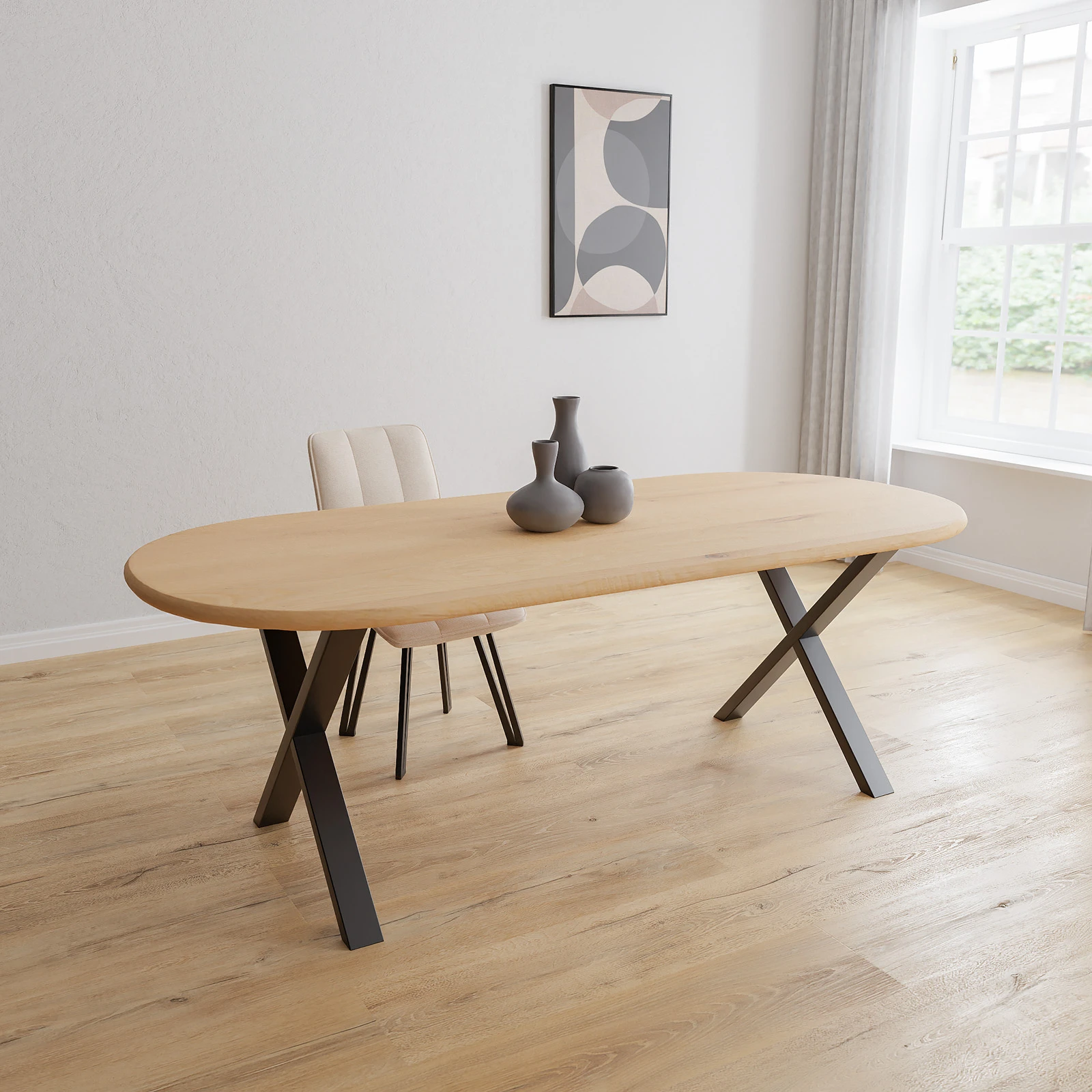 Eettafel X poot (8x4 cm) - Halve Cirkel Eiken Nature White (220x100cm)