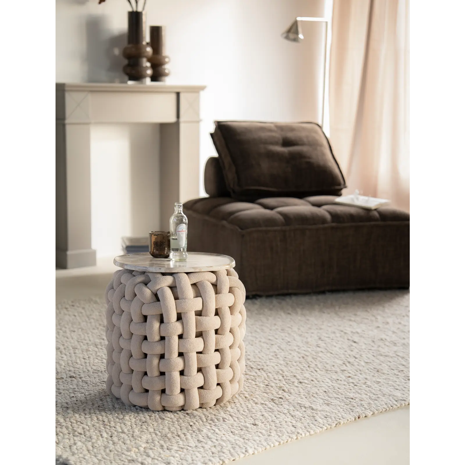 Poef Poofie - rond Ø44 cm - Grof Gebreid - Beige