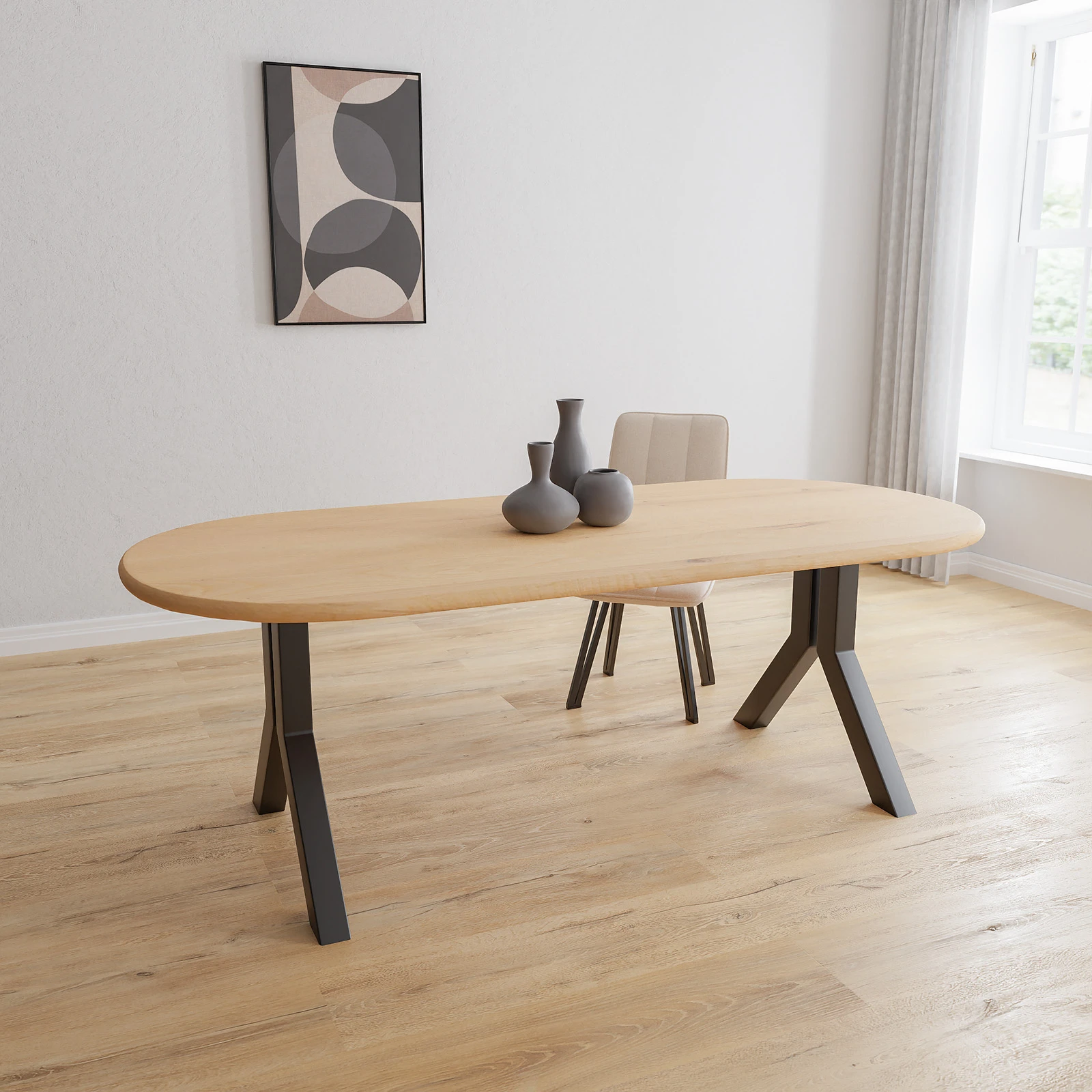 Eettafel Y poot (8x8cm) - Halve Cirkel Eiken Nature White (220x100cm)