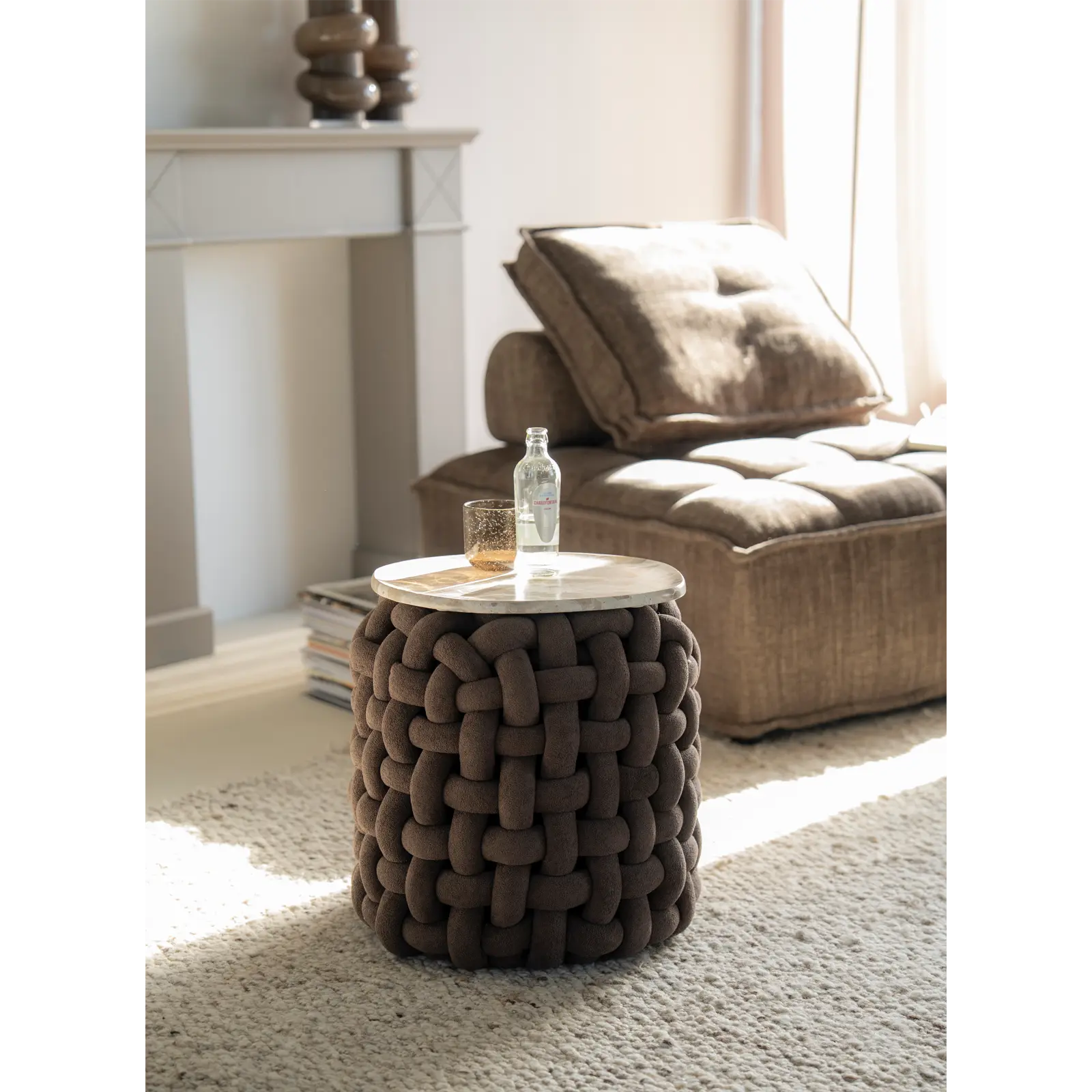 Poef Poofie - rond Ø44 cm - Grof Gebreid - Bruin