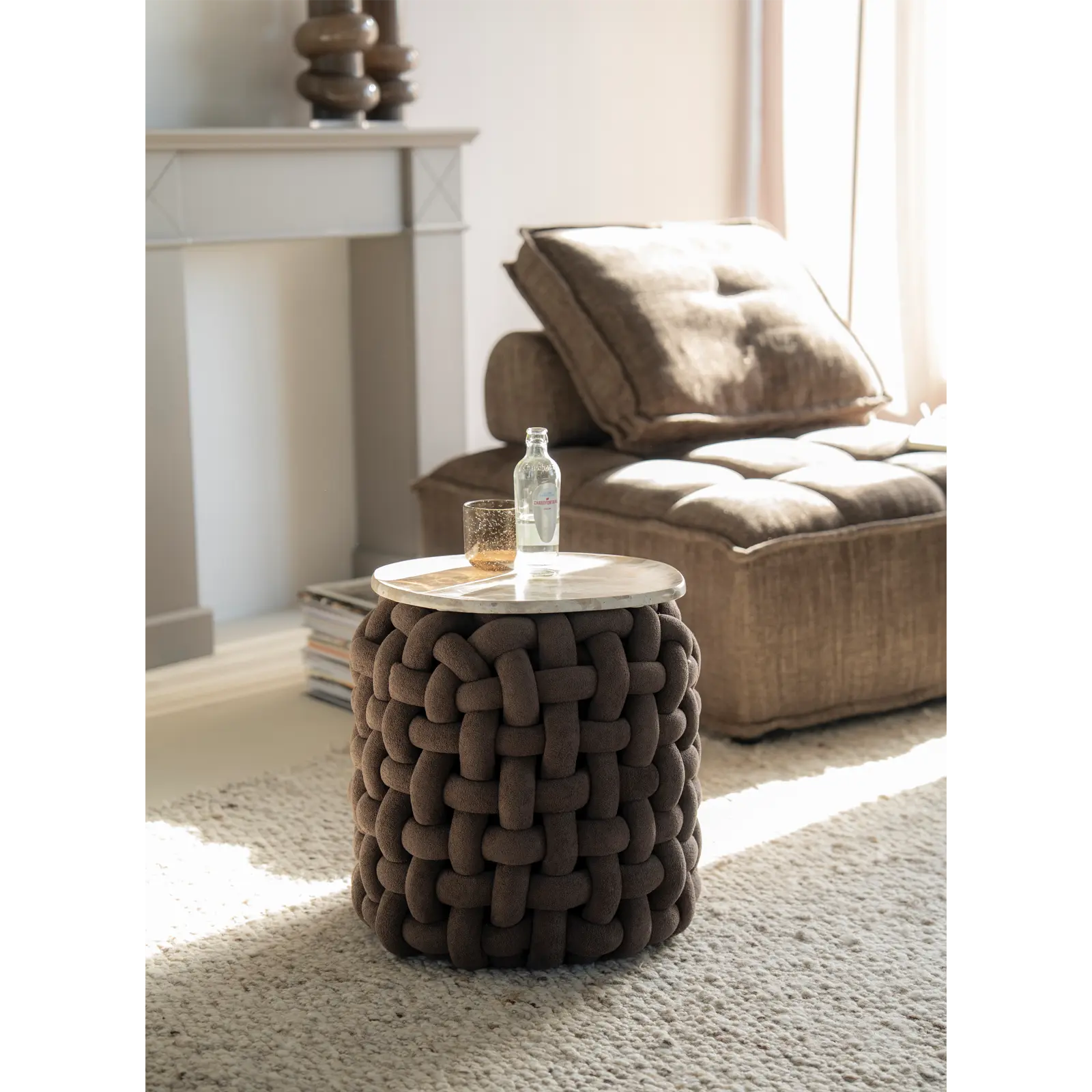 Poef Poofie - rond Ø44 cm - Grof Gebreid - Bruin