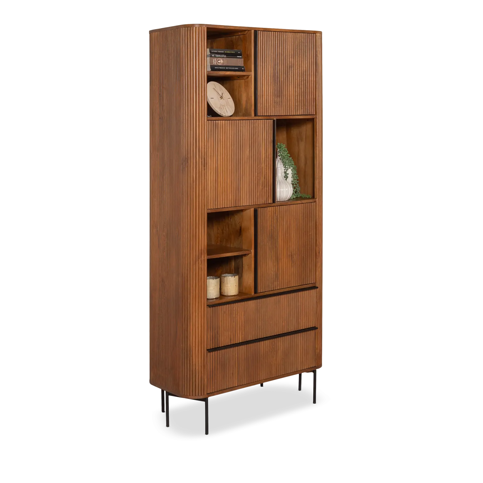 Wandkast Amare - 200 cm - Mangohout Lichtbruin - 3 deuren, 2 laden, 5 open vakken