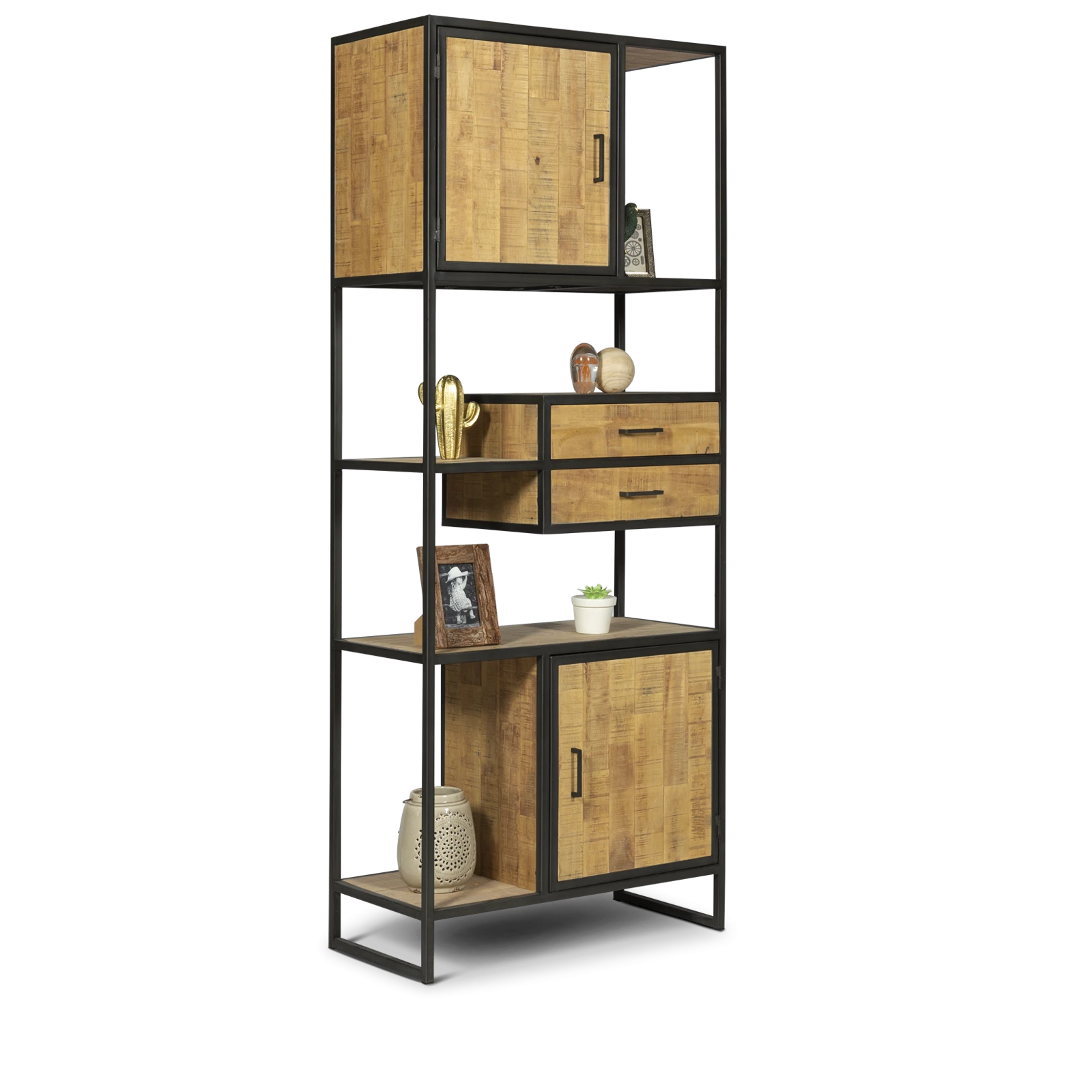 Opbergkast (2 deuren - 2 laden) Breeze - Seasoned Brown/Metaal Zwart