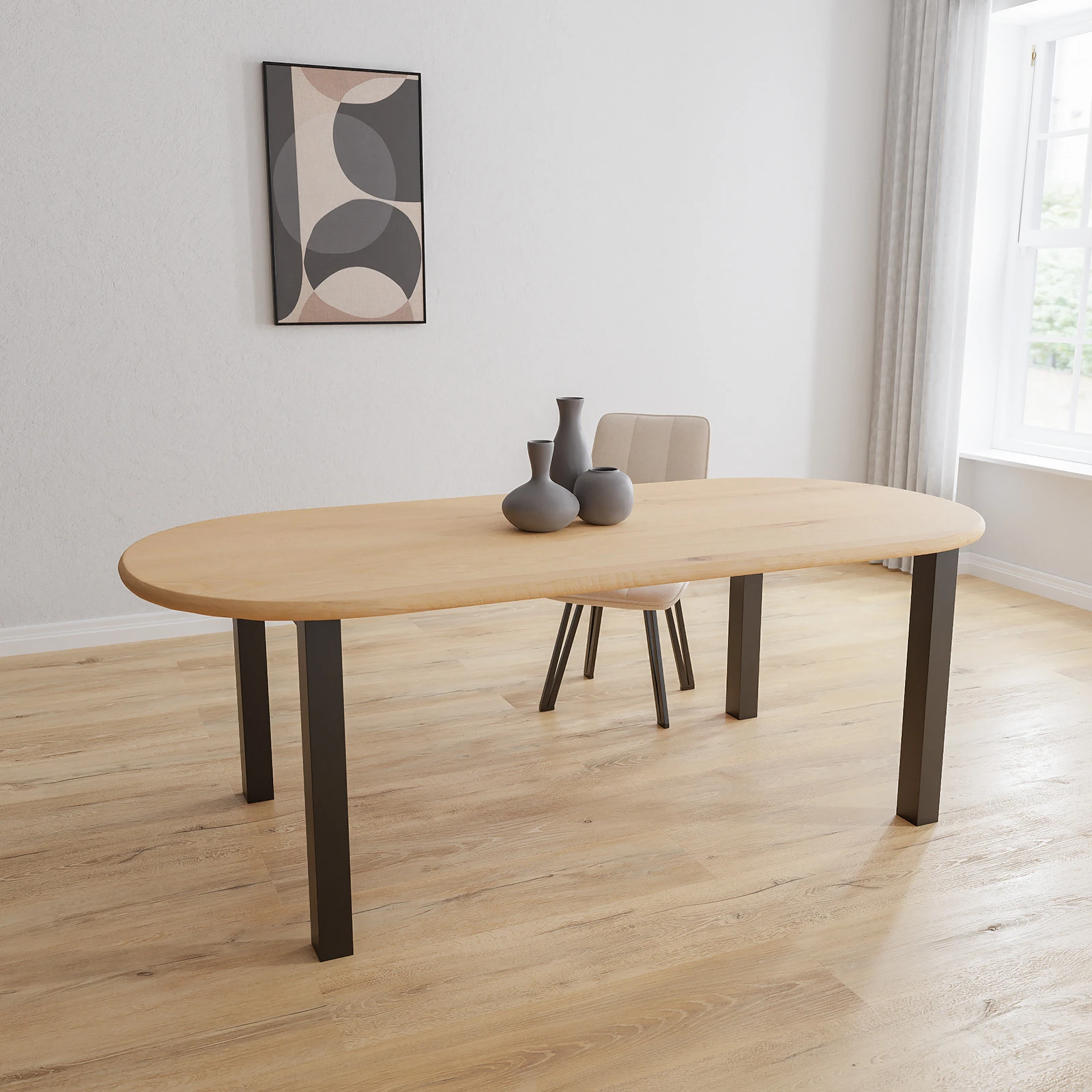 Eettafel Rechte poten - Halve Cirkel Eiken Nature White (220x100cm)
