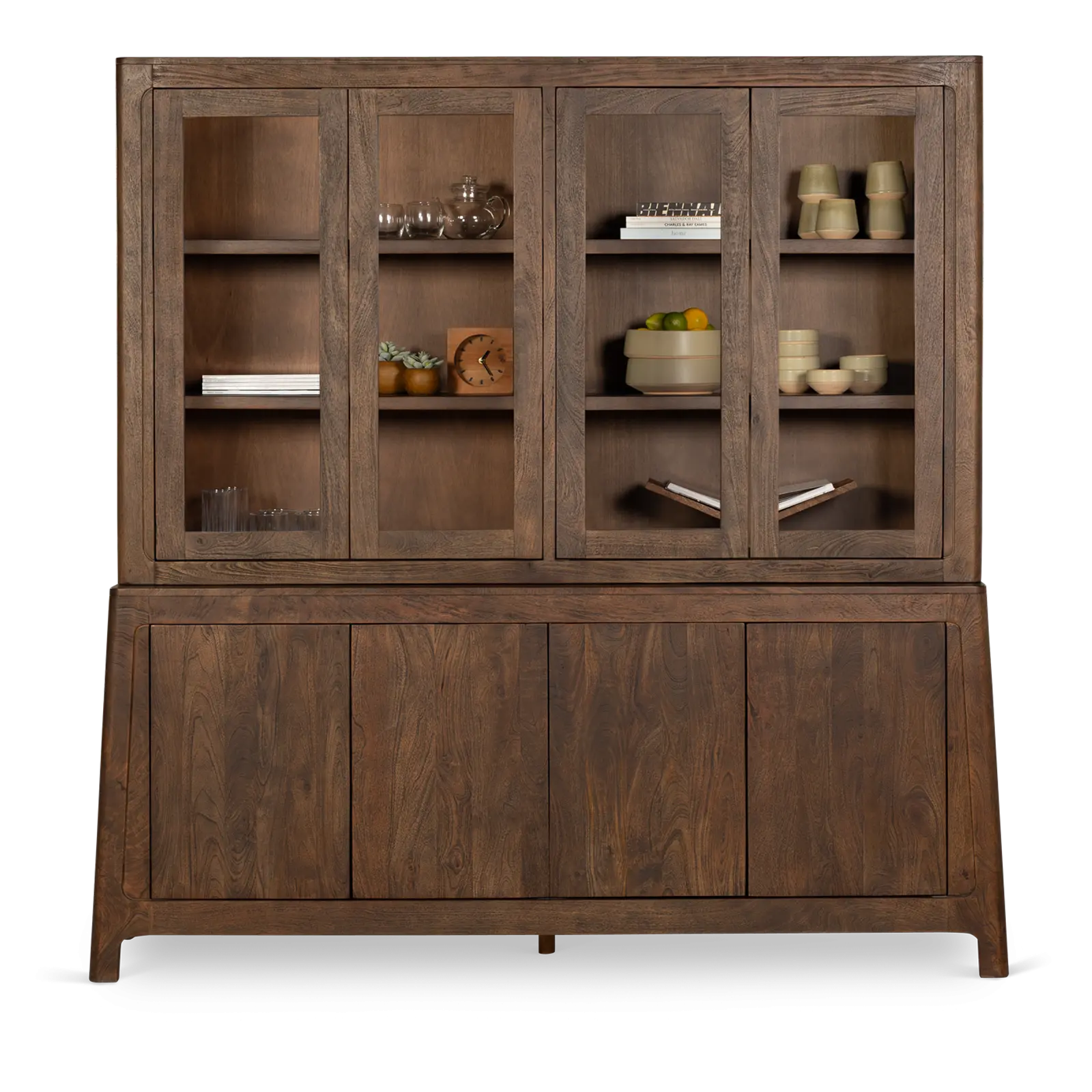 Buffetkast Latara - 200 cm - 8-deurs - Mangohout Cacao Bruin - 4 glasdeuren, 4 dichte deuren