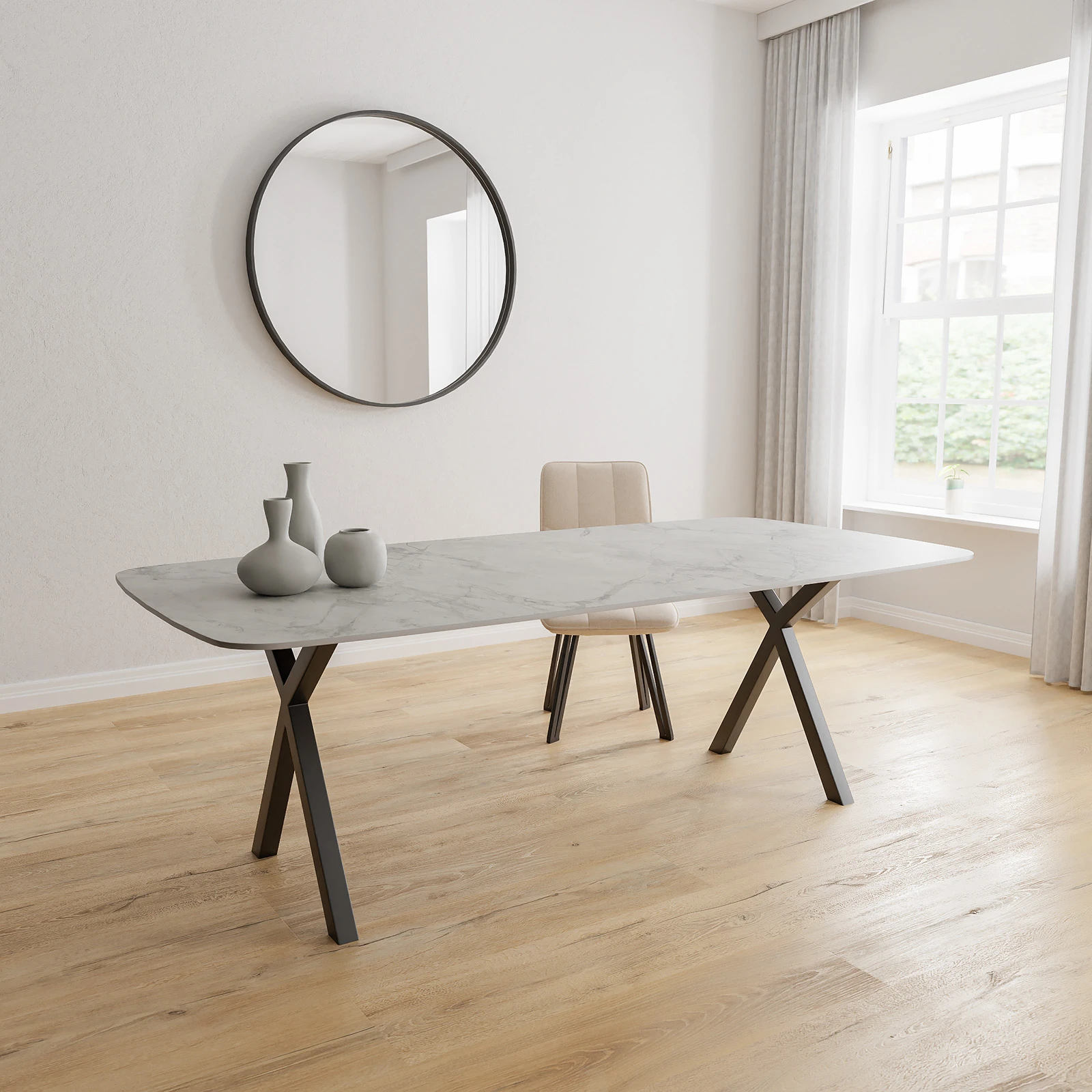 Eettafel X poot - Deens Ovaal Keramiek Superwhite Satin (220x110cm)