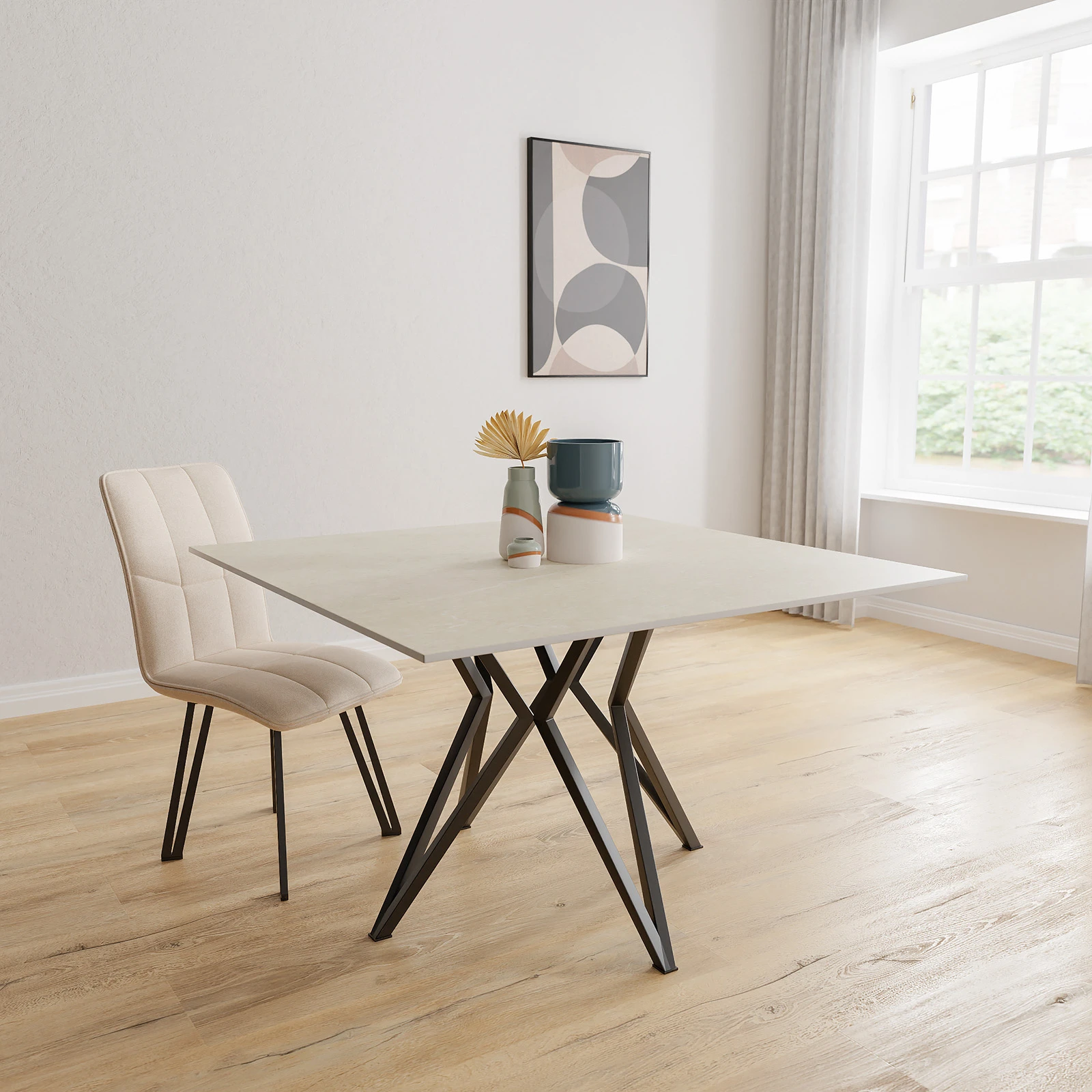 Eettafel Crosse - Vierkant Keramiek Limestone Ivory Satin (120x120cm)