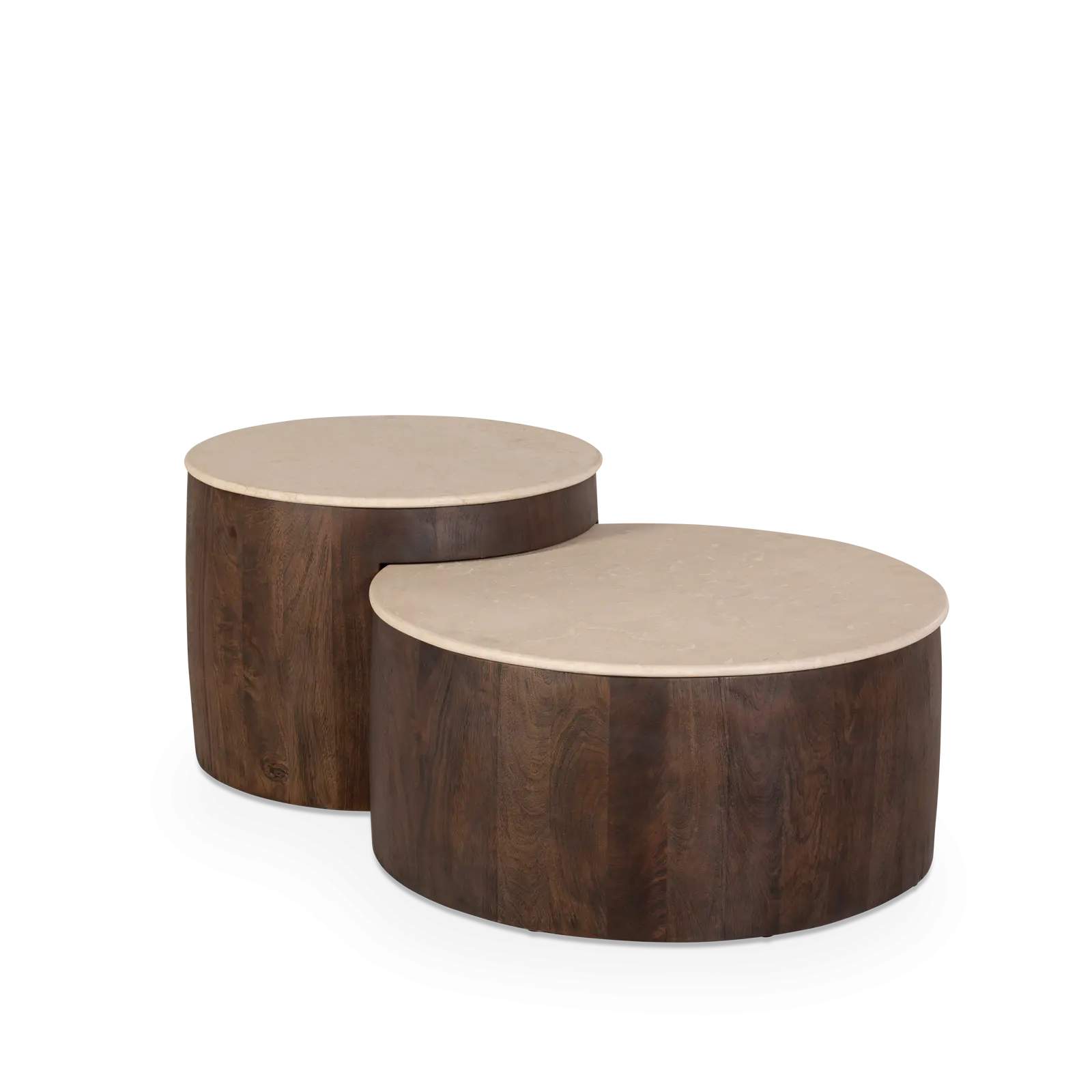 Salontafels set van 2 Bodhi - rond 65/80 cm - Mangohout Cacao Bruin + Marmer