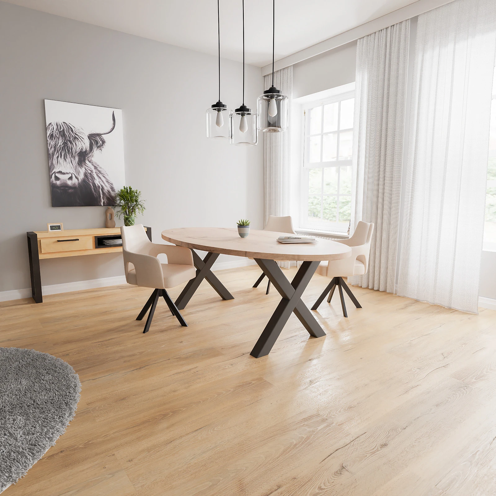 Eettafel X Poot(8x8cm) - Ovaal Eiken Kiezel (220x110cm)