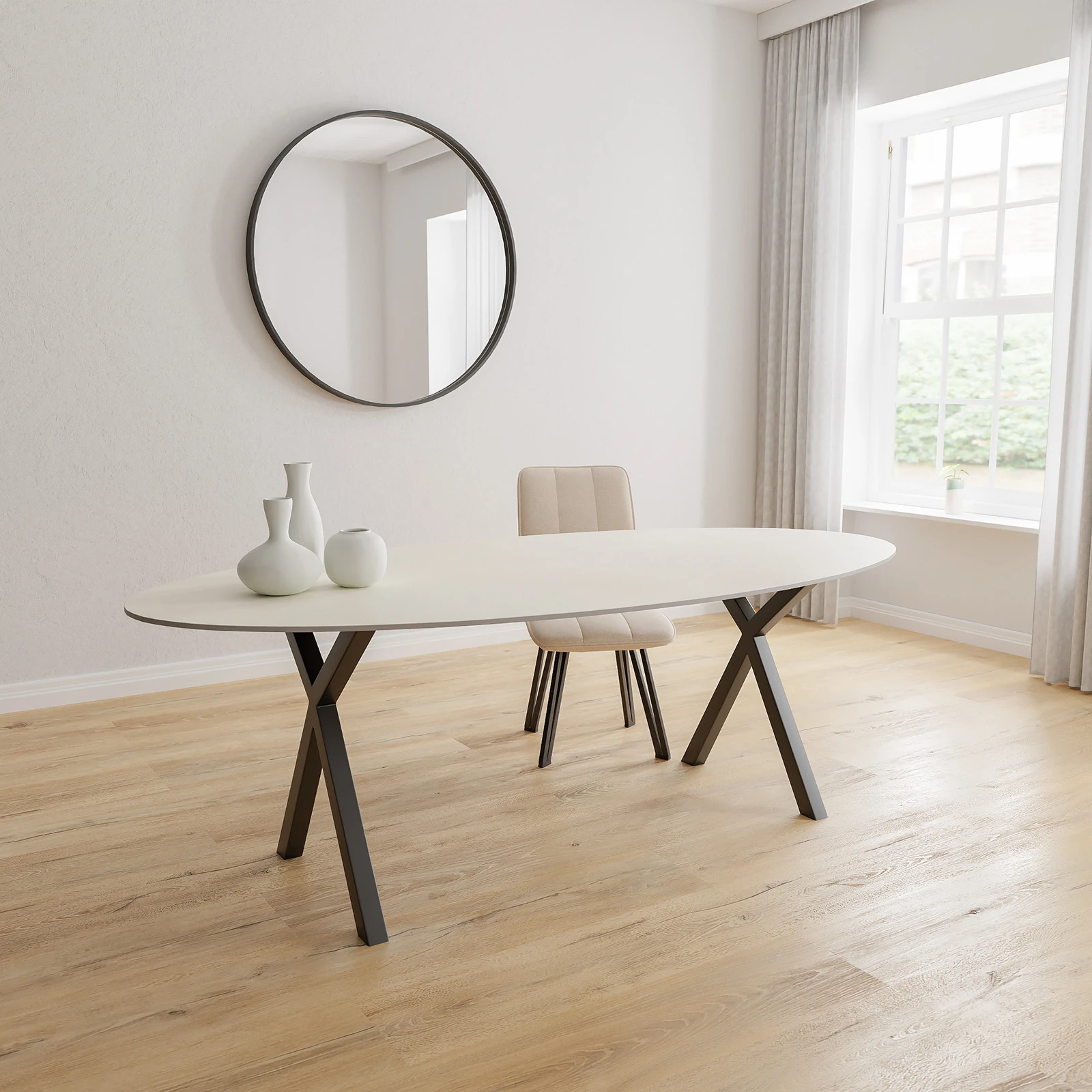 Eettafel X poot - Ovaal Keramiek Limestone Ivory Satin (220x110cm)
