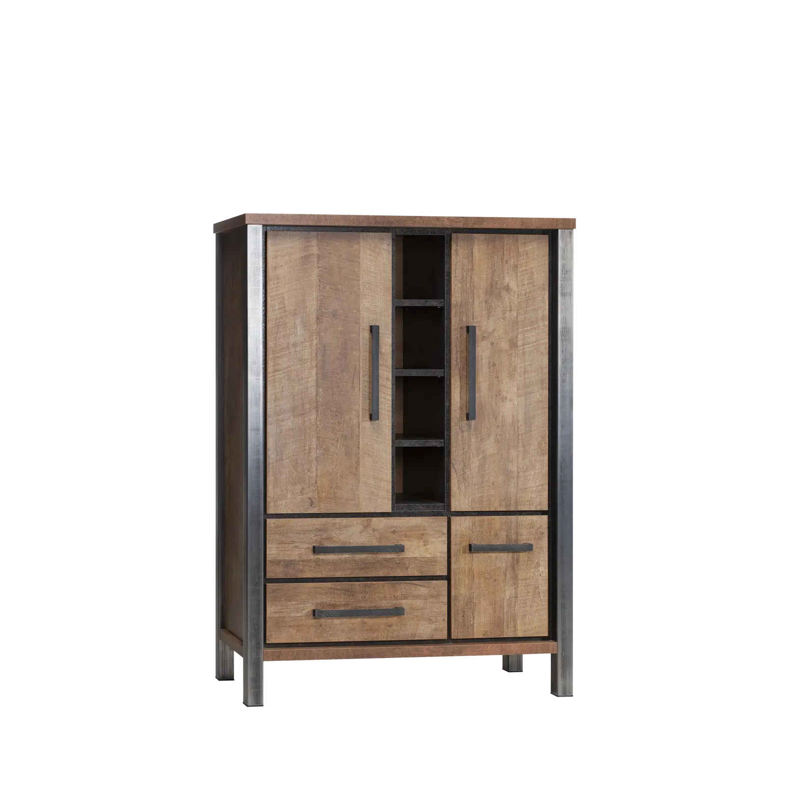 Wandkast Kinga - 120 cm - Lamulux Old Teak - 3 deuren, 2 laden, 4 open vakken